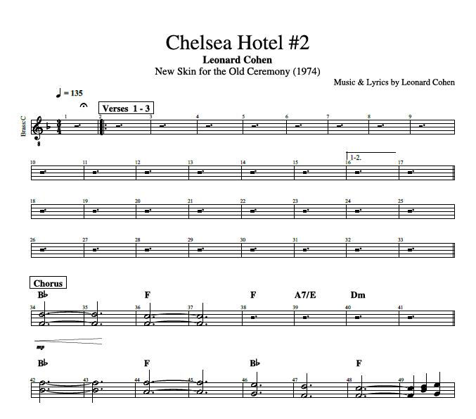 "Chelsea Hotel #2" by Leonard Cohen || Guitar + Brass: Tab + Chords + Sheet Music + Lyrics