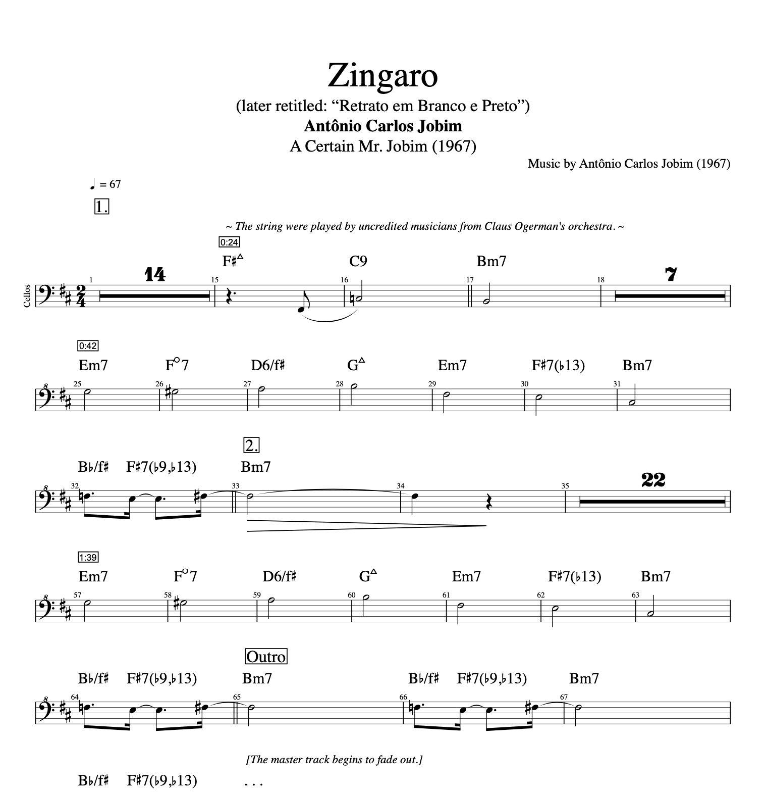 "Zingaro" · Jobim || Violin + Piano + Guitar + Bass + Flute + Cello || Sheet Music + Tabs + Chords