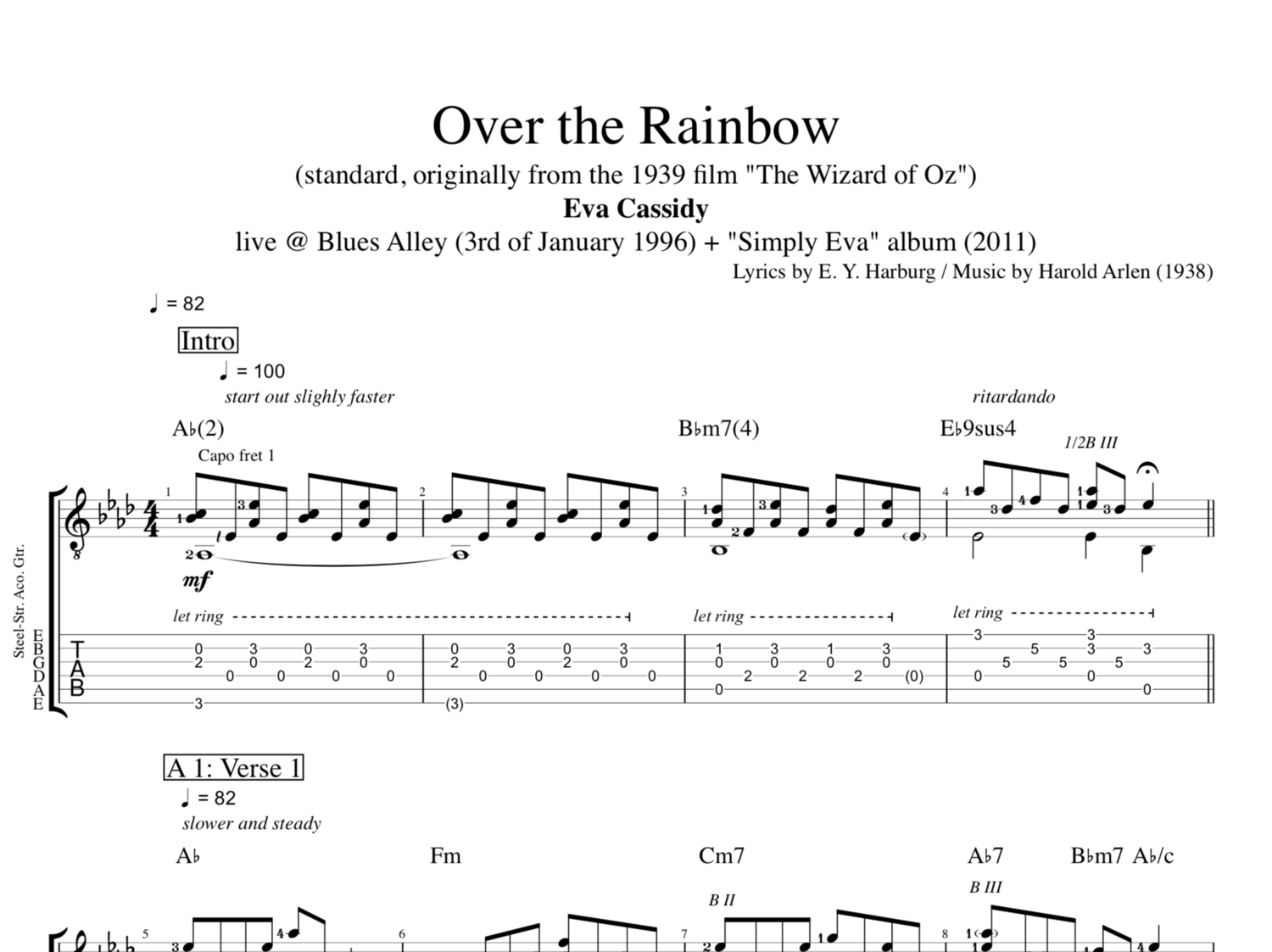 Over The Rainbow Eva Cassidy Guitar Tabs Chords Sheet Music Lyrics Play Like The Greats Com