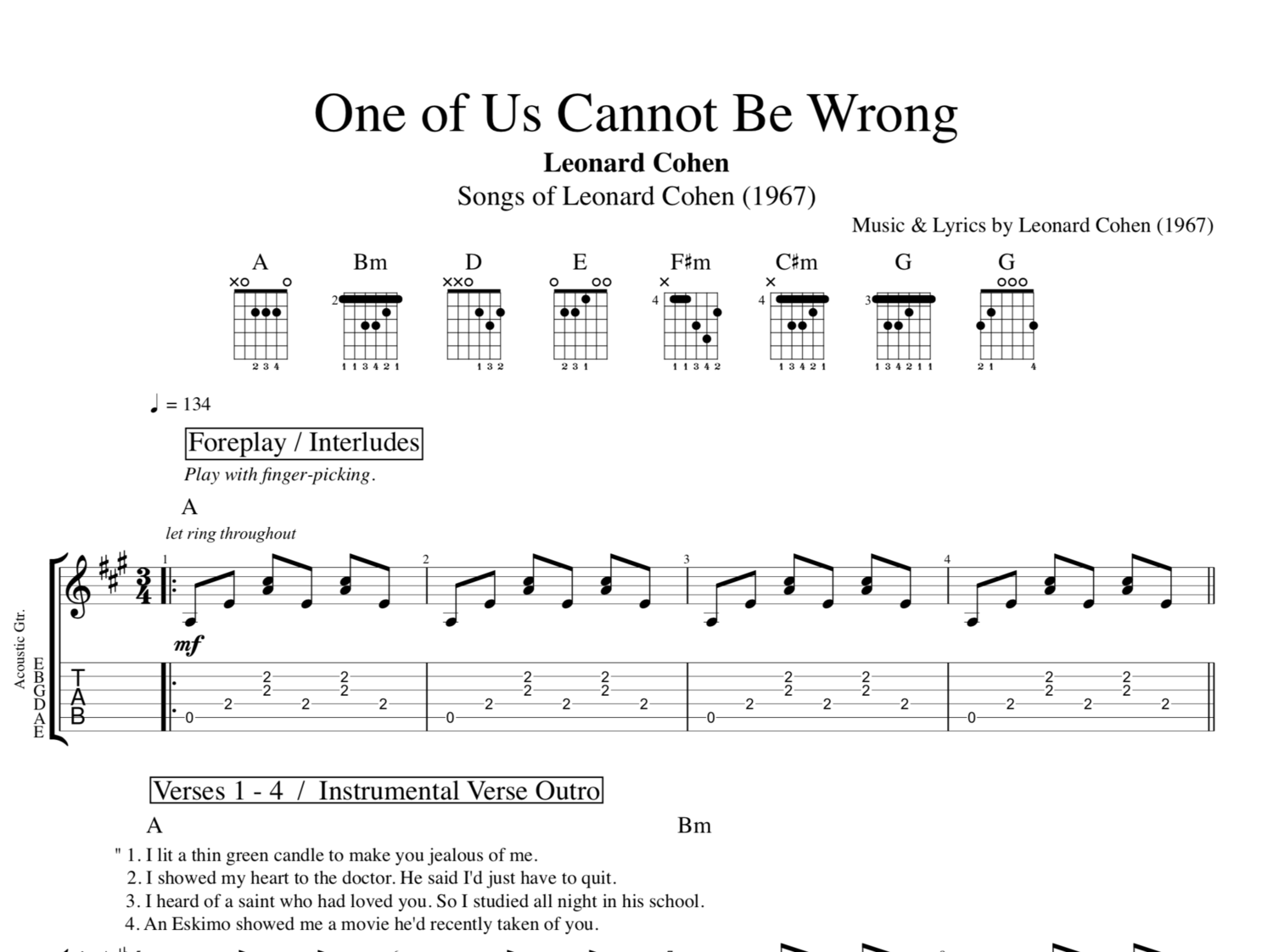 One Of Us Cannot Be Wrong Leonard Cohen Guitar Tab Chords Sheet Music Lyrics Play Like The Greats Com