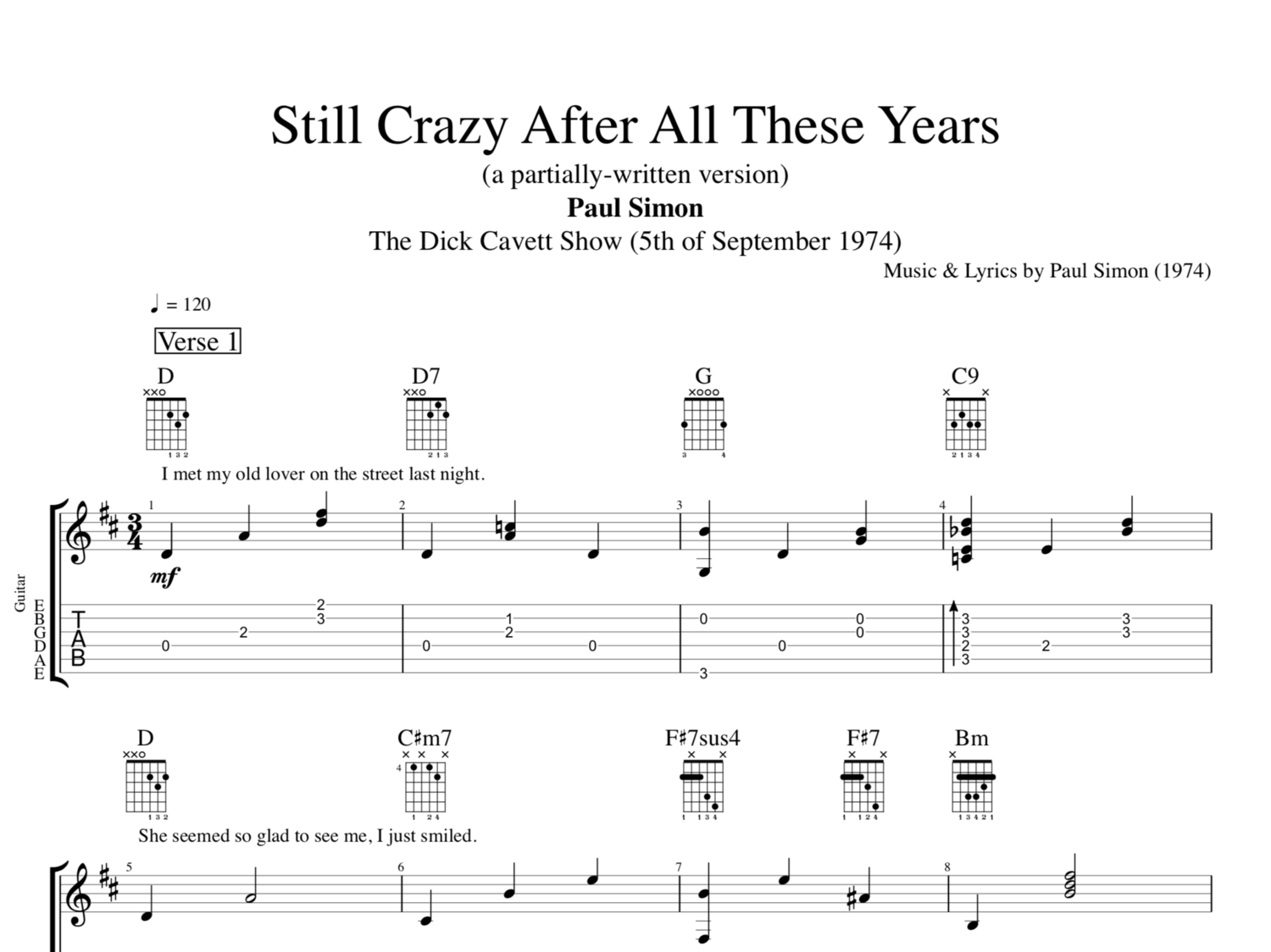 Still Crazy After All These Years Partially Written Paul Simon Guitar Tab Chords Lyrics Sheet Music Play Like The Greats Com