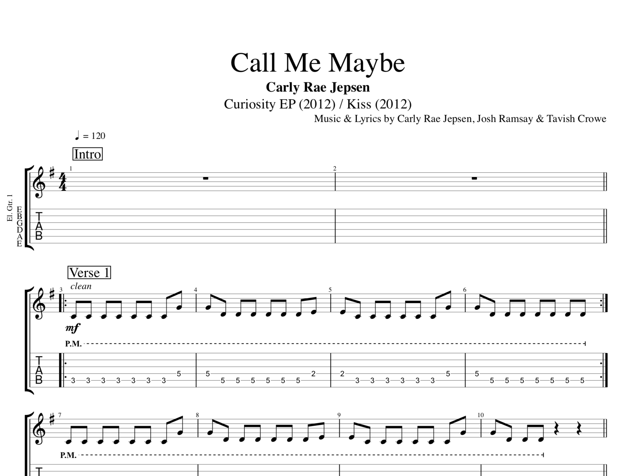 Call Me Maybe sheet music by Carly Rae Jepsen (Easy Guitar Tab – 150481)