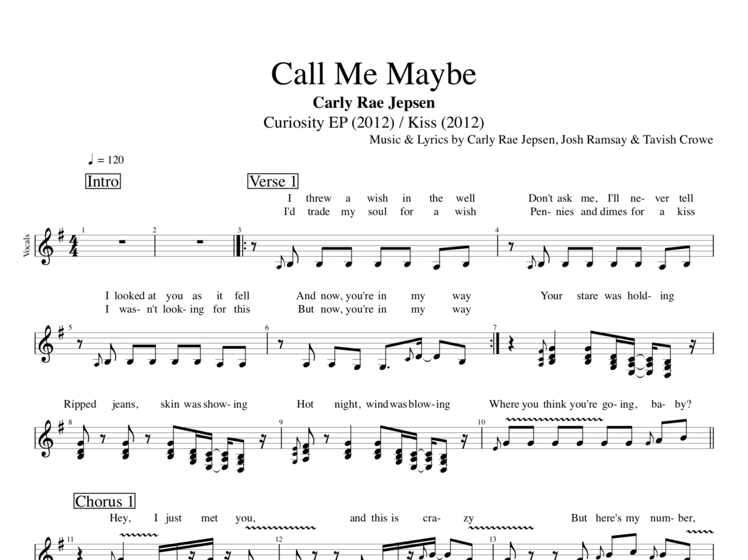 Call Me Maybe Carly Rae Jepsen Piano Vocals Bass Guitars Sheet Music Chords Tabs Lyrics Play Like The Greats Com