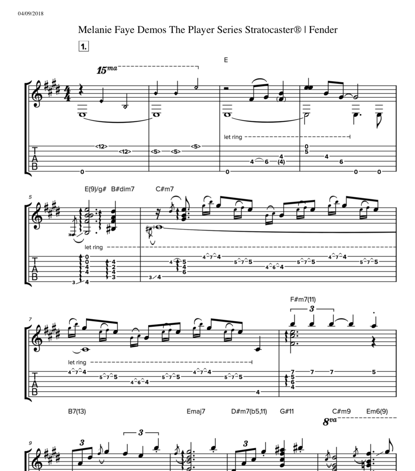 Melanie Faye Demos the Player Series Stratocaster (YouTube clip) || Tab + Sheet Music + Chords