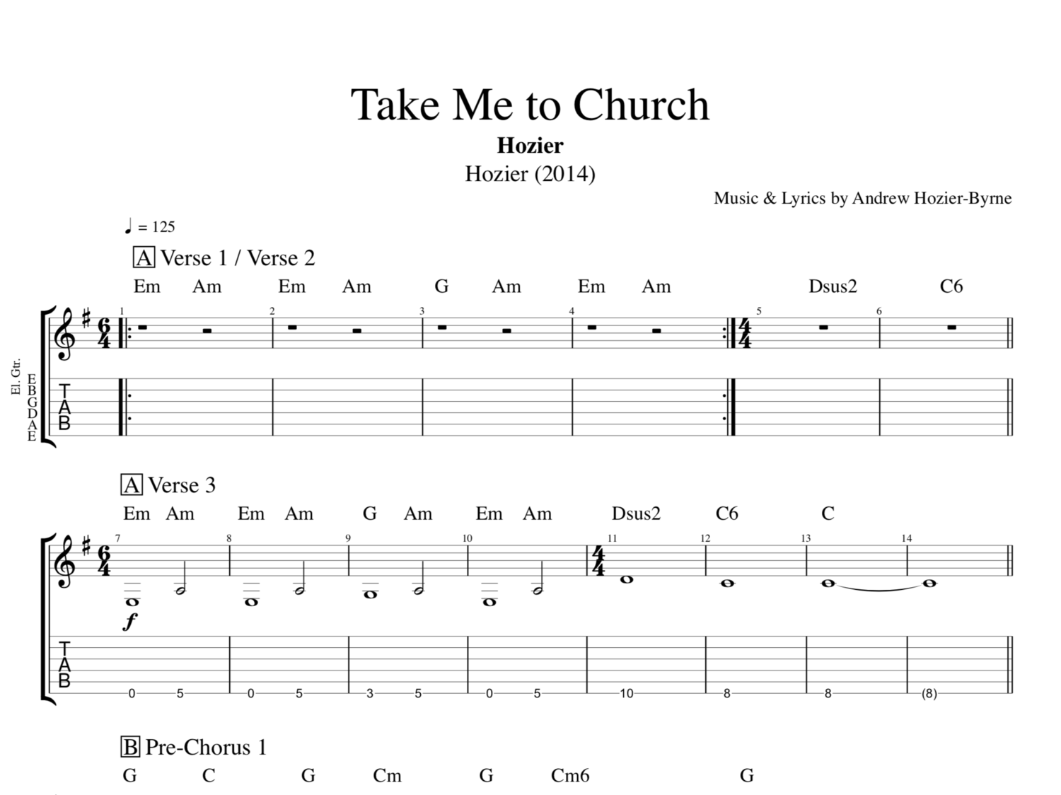 "Take Me to Church" · Hozier || Piano + Guitar || Sheet Music/Score + Tab +  Chords — Play Like The Greats .com