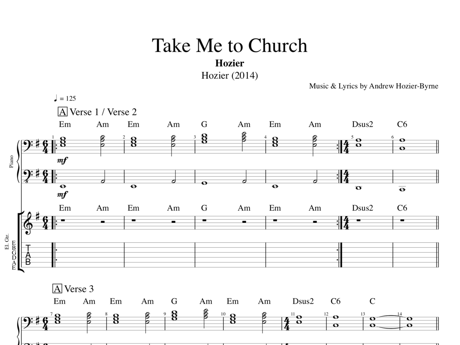 Take Me To Church" · Hozier || Piano + Guitar || Sheet Music/Score + Tab + Chords — Play Like The Greats .Com