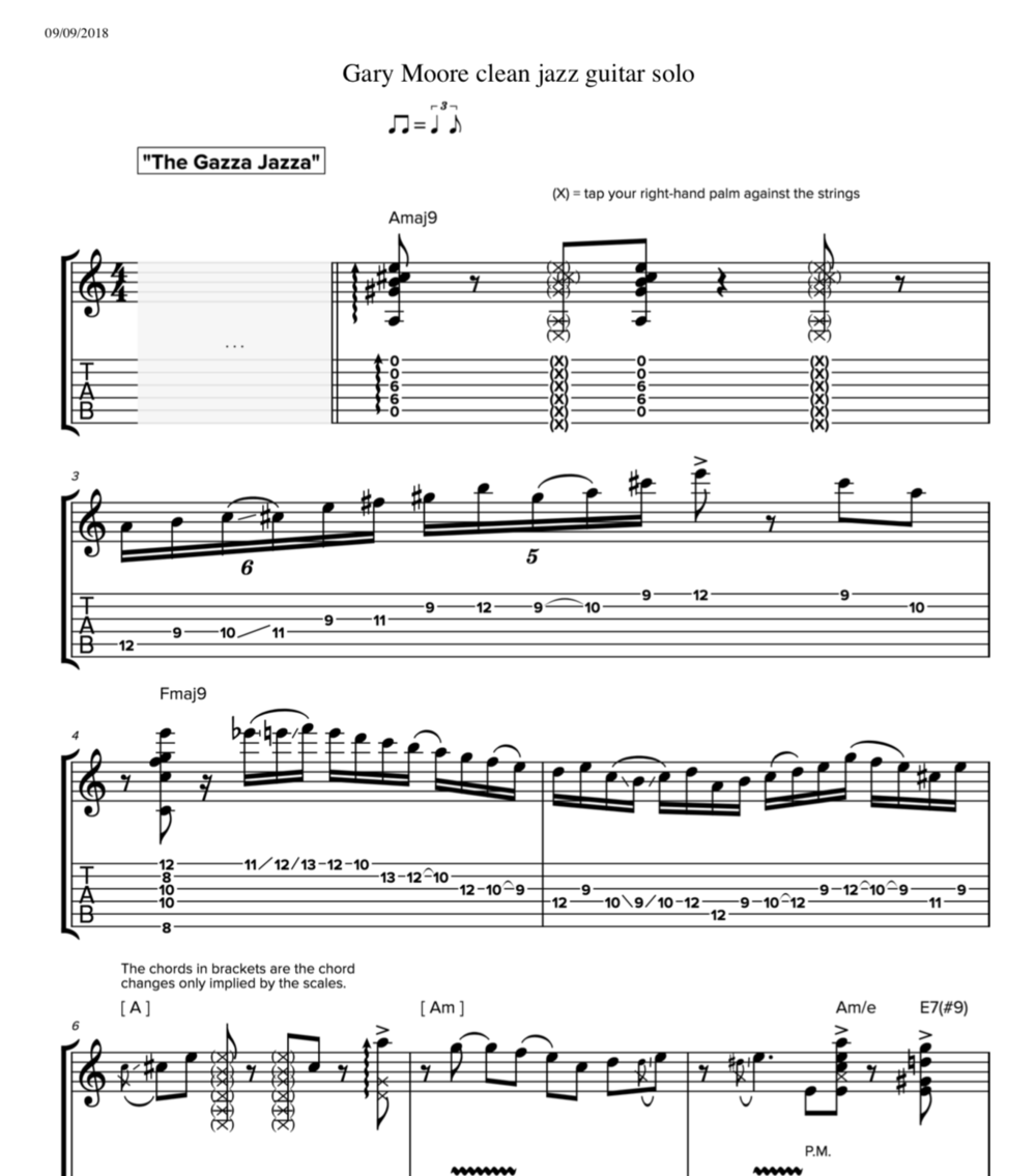"Gary Moore clean jazz guitar solo" (YouTube-clip) || Guitar: Tab + Sheet Music + Chords Play Like The Greats .com
