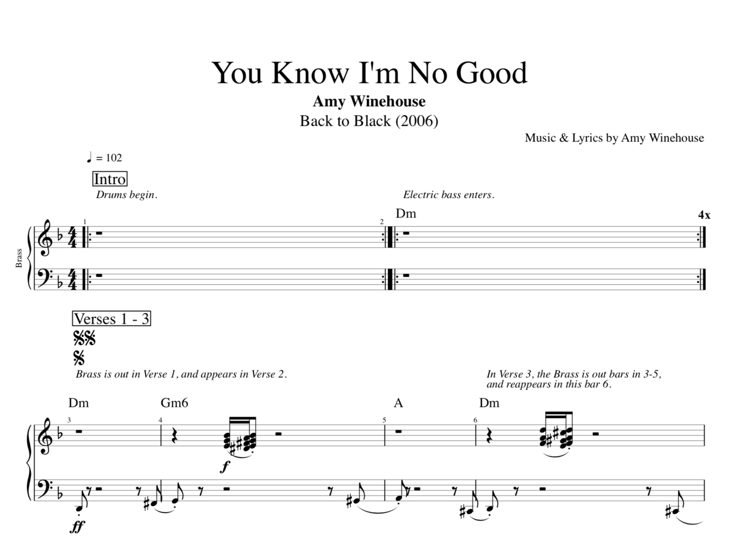 You Know No Good" · Amy Winehouse || Guitar + Bass + Brass || Tab + Chords + Sheet Music — Play Like The Greats .com