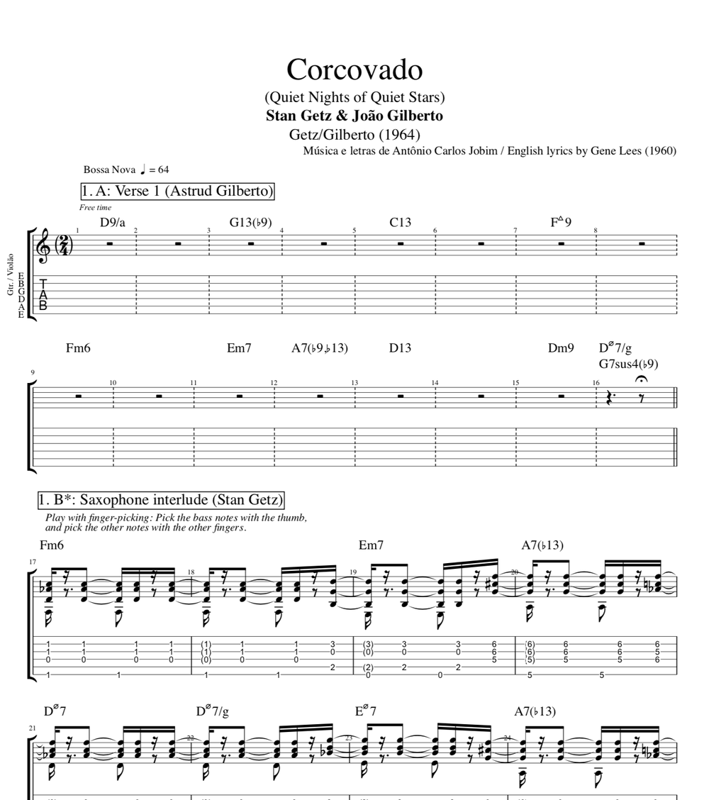 Corcovado Quiet Nights Of Quiet Stars Stan Getz Joao Gilberto Guitar Saxophone Bass Tabs Sheet Music Chords Play Like The Greats Com