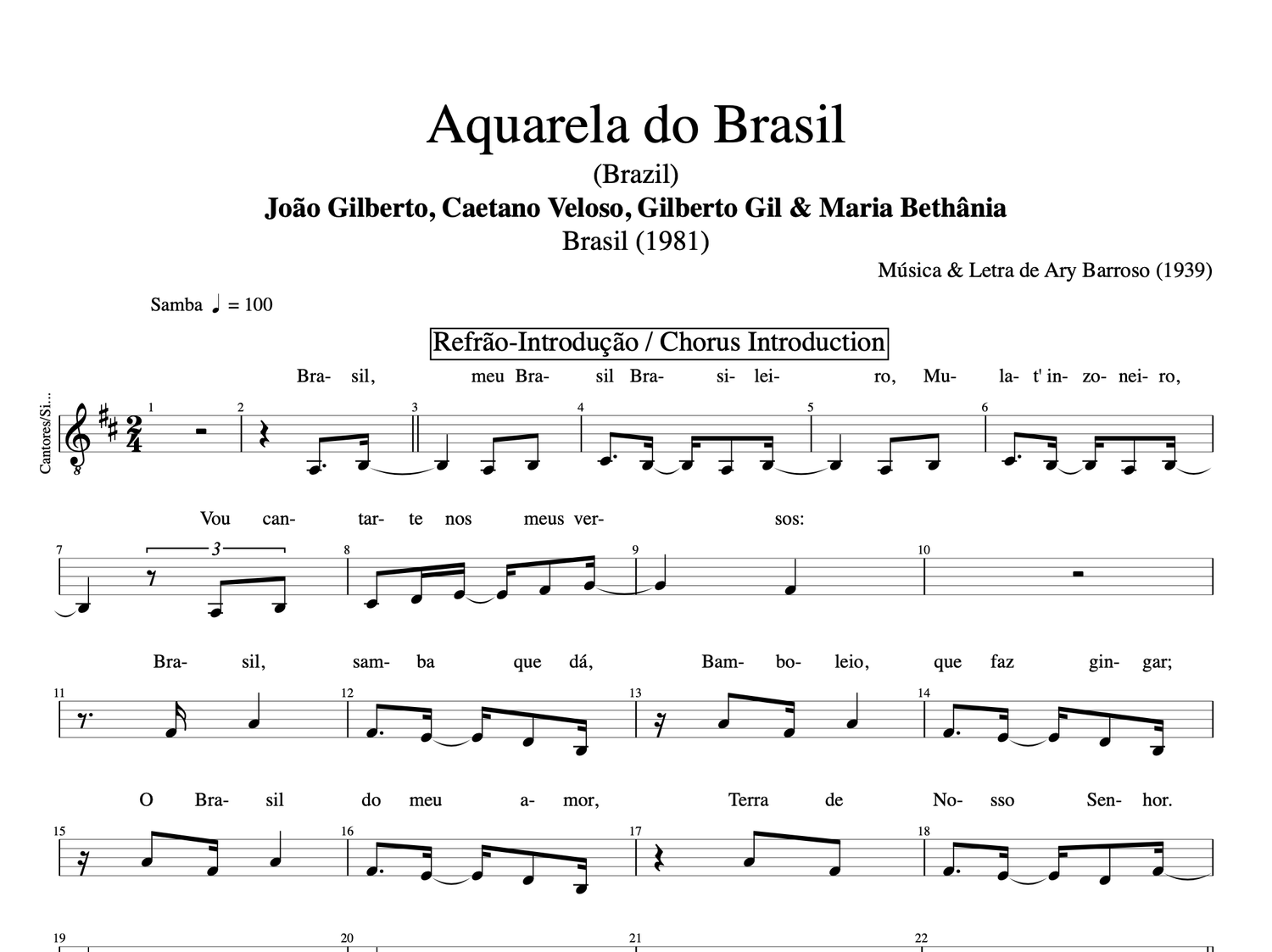 Aquarela Do Brasil Brazil Joao Gilberto Caetano Veloso Gilberto Gil Maria Bethania Guitar Vocal Bass Tabs Sheet Music Chords Lyrics Letras Score Play Like The Greats Com