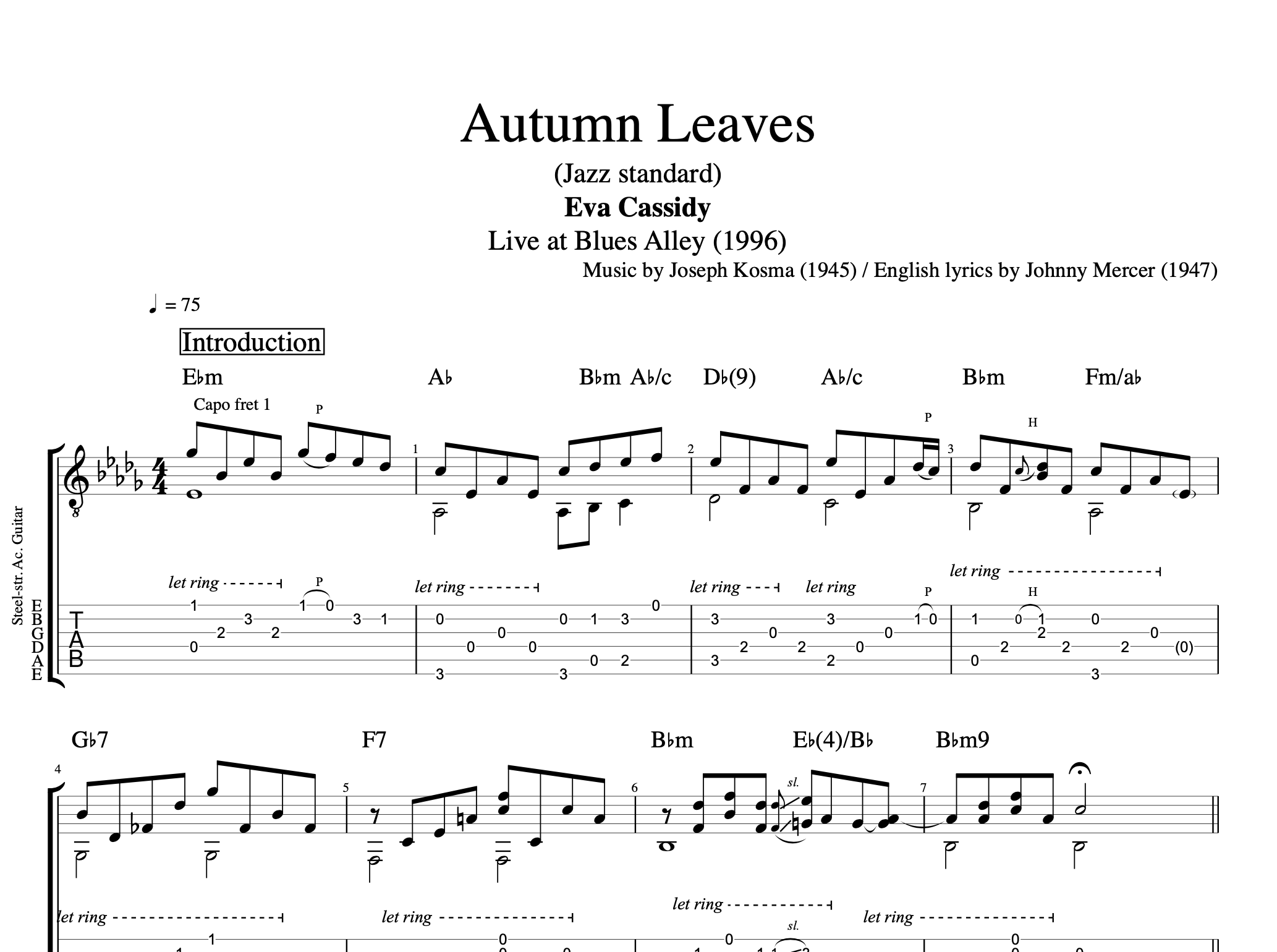 Autumn Leaves (Intermediate Level, Accompaniment Guitar) (Eva Cassidy) - Guitar Tabs and Sheet Music