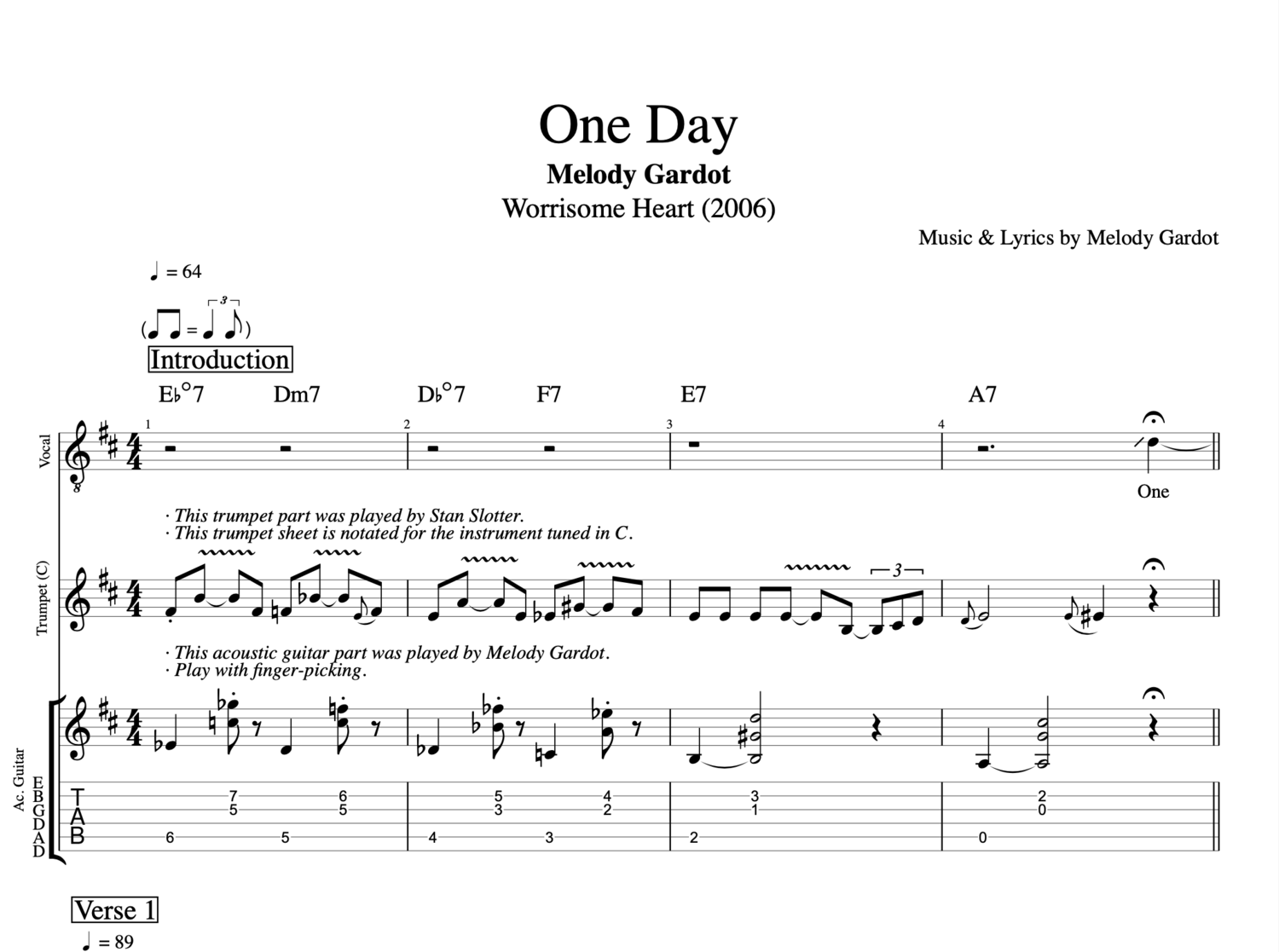 One Day Melody Gardot Guitar Voice Trumpet Tab Chords Sheet Music Lyrics Score Play Like The Greats Com