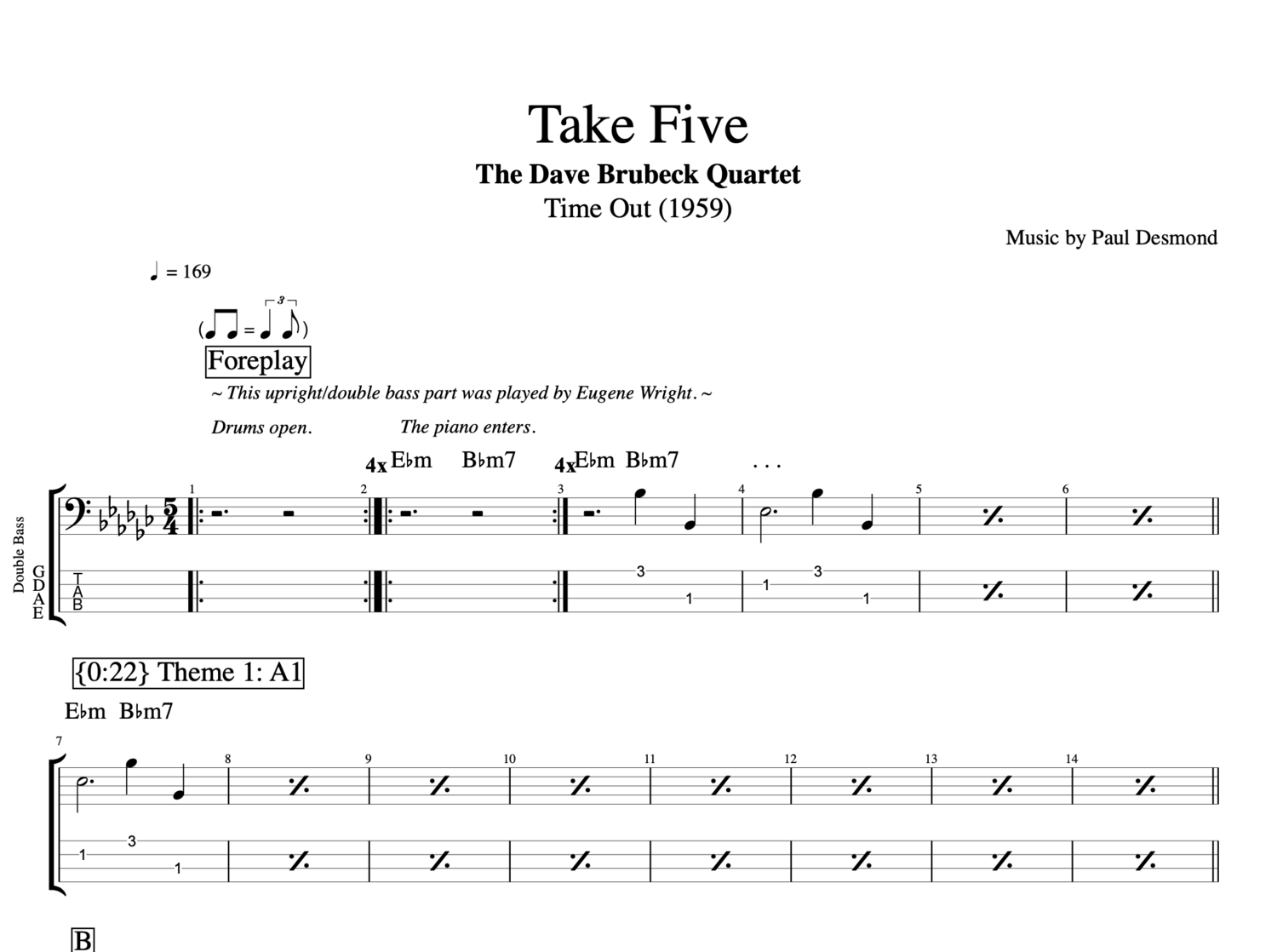Take Five" · Dave Brubeck Quartet || Saxophone + Piano + Bass + Guitar ||  Sheet Music + Chords + Ta — Play Like The Greats .com