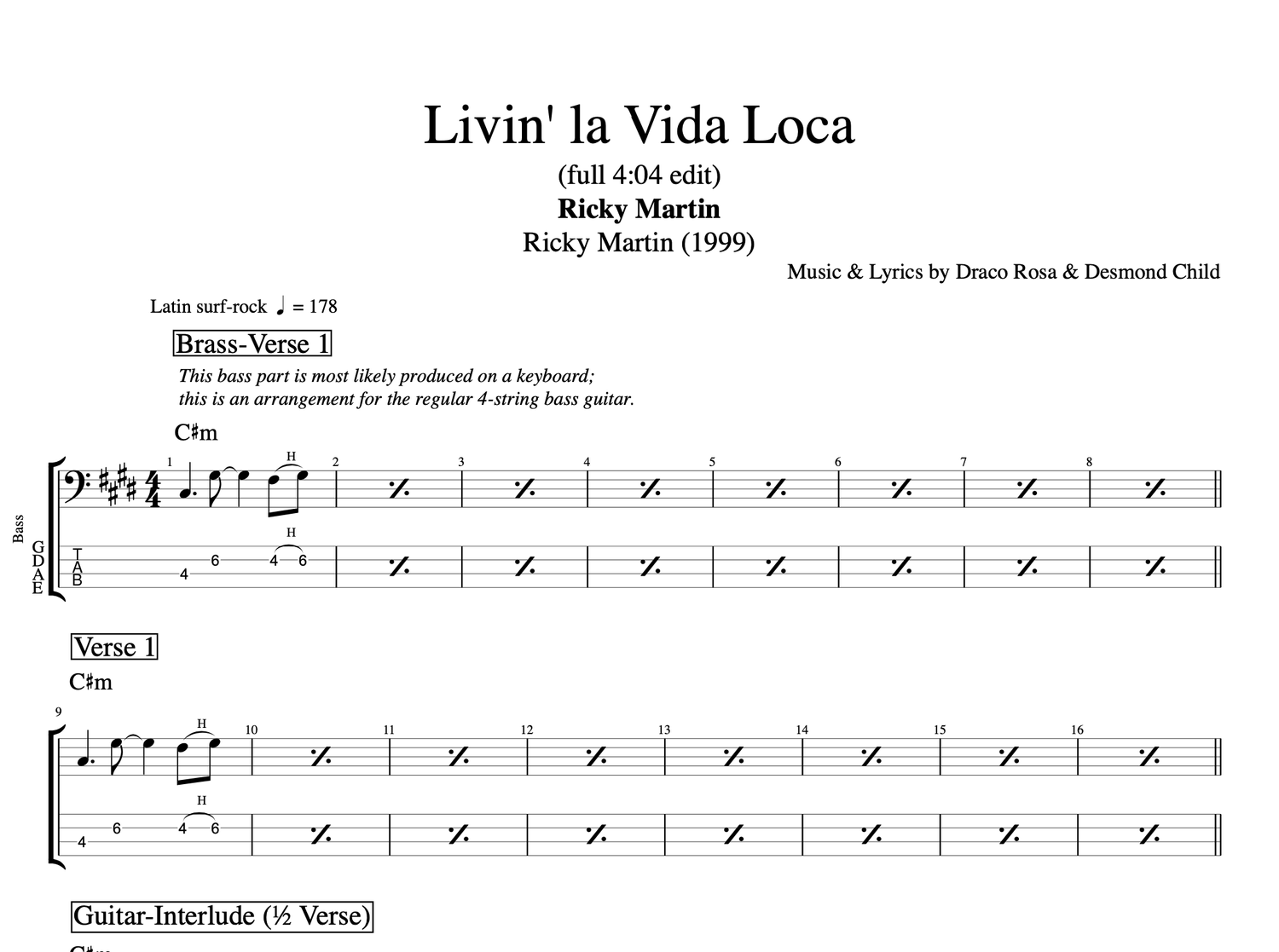 Livin' la Vida Loca" · Ricky Martin || Voice + Guitar + Horns + || Sheet music + Tabs + Chords — Play Like The Greats .com
