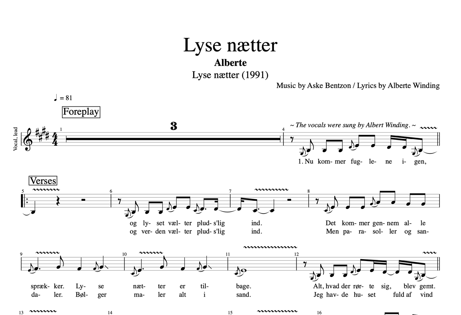 Lighed kompakt bjærgning "Lyse Nætter" · Alberte || Voice + Piano + PnV Score || Sheet music +  Chords + Lyrics — Play Like The Greats .com