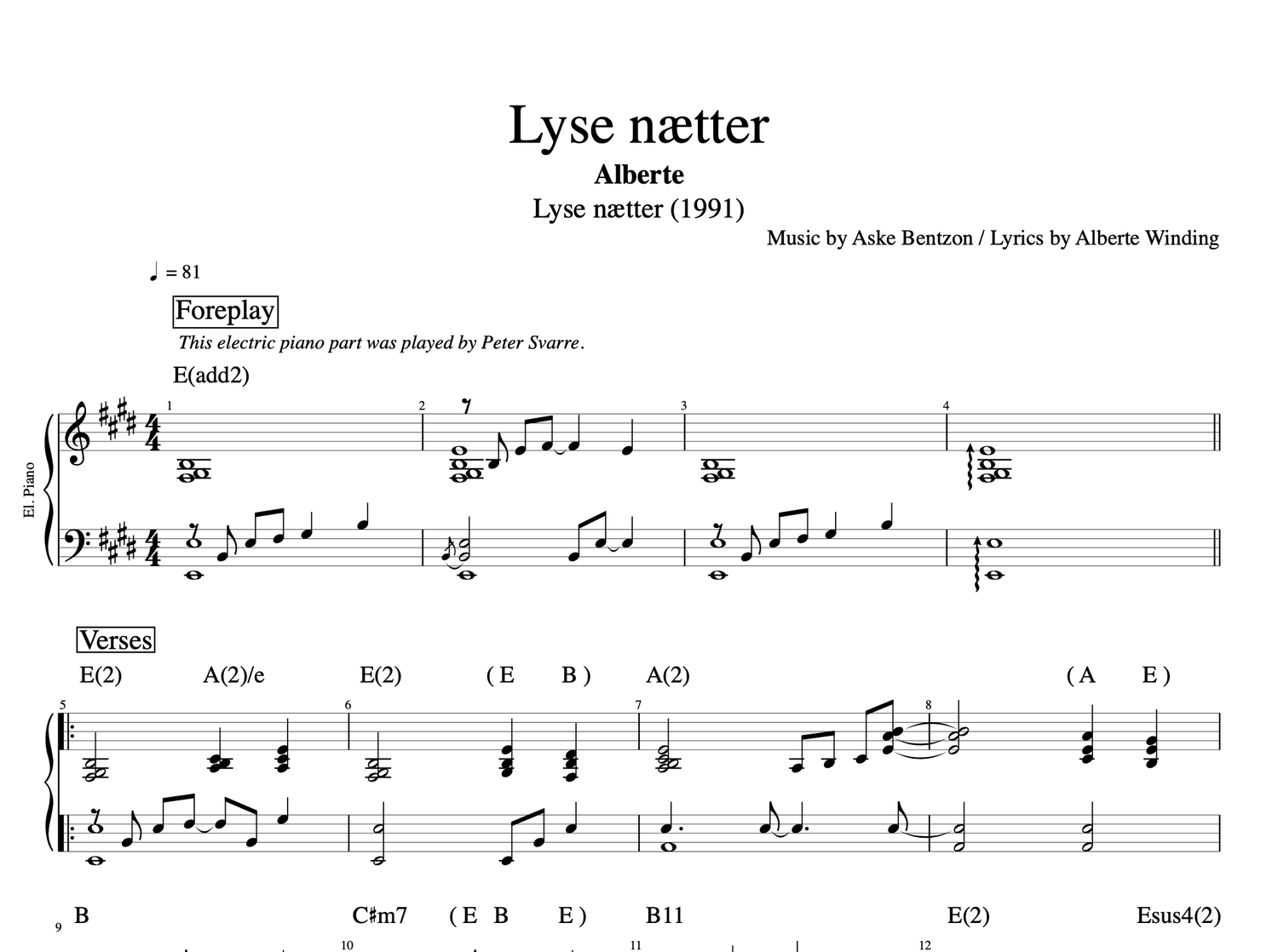 grad om forladelse rendering Lyse Nætter" · Alberte || Voice + Piano + PnV Score || Sheet music + Chords  + Lyrics — Play Like The Greats .com