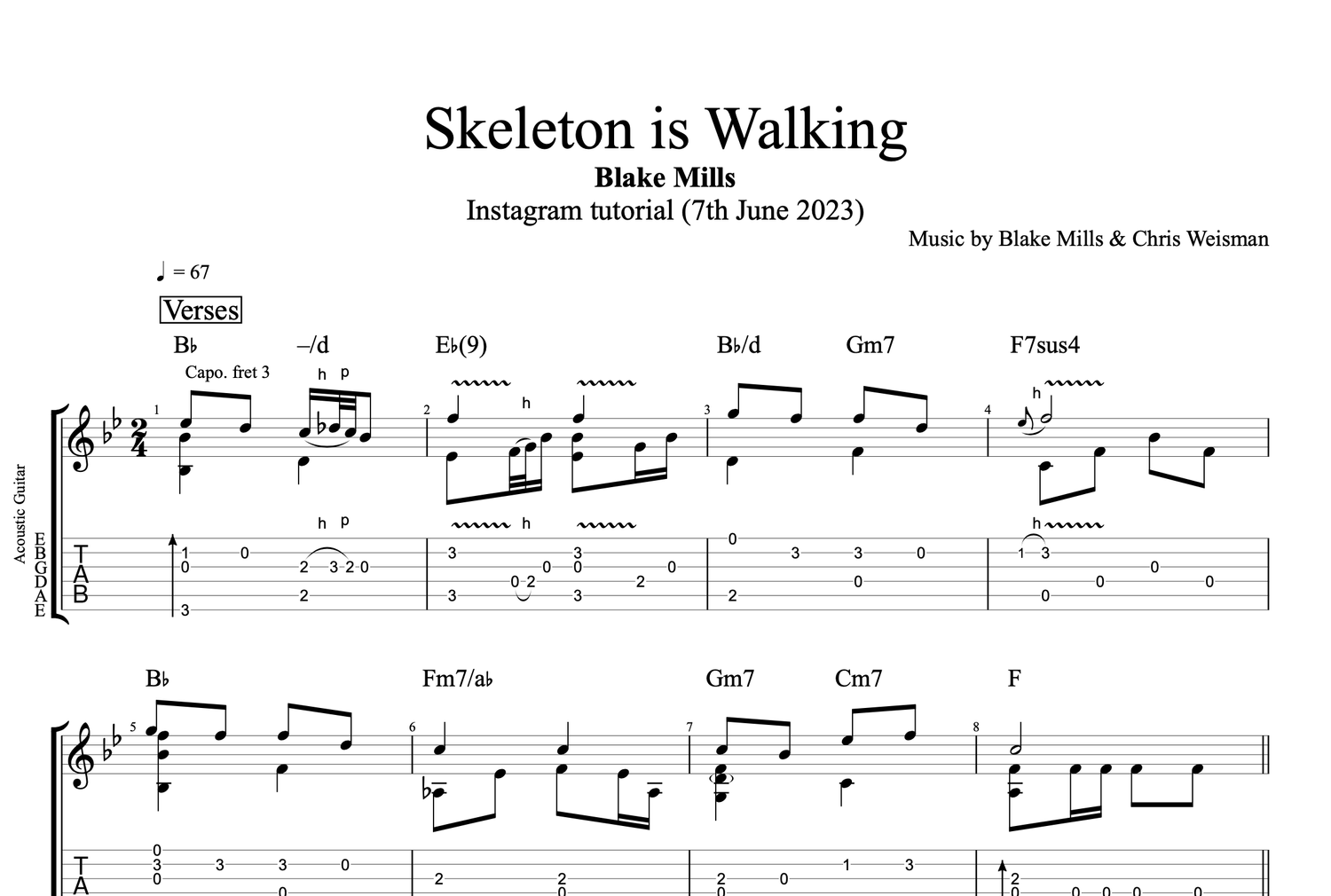 Skeleton is Walking (Instagram tutorial) · Blake Mills || Guitar: Sheet  Music + Tabs + Chords — Play Like The Greats .com