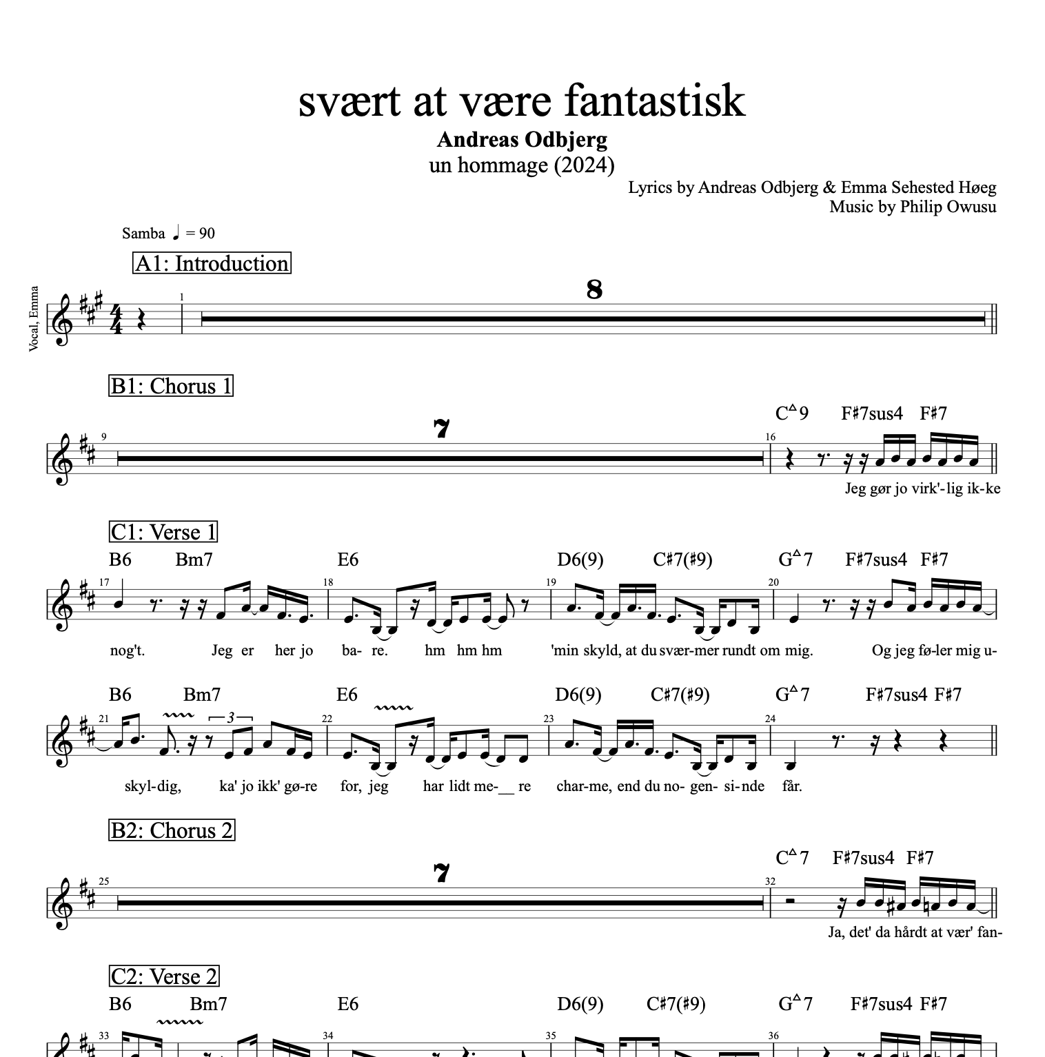 svært at være fantastisk" (feat. Emma Sehested Høeg) · Andreas Odbjerg || Voice + Flute + Bass || Sheet music + Chords + Lyrics + Tabs