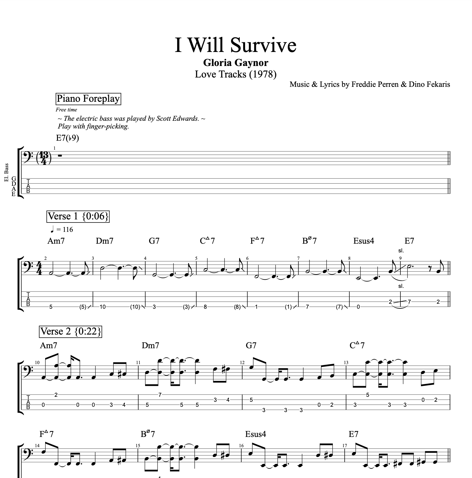 I Will Survive" · Gloria Gaynor || Bass + Guitar + Drums + Piano || Sheet Music + Tabs + Chords