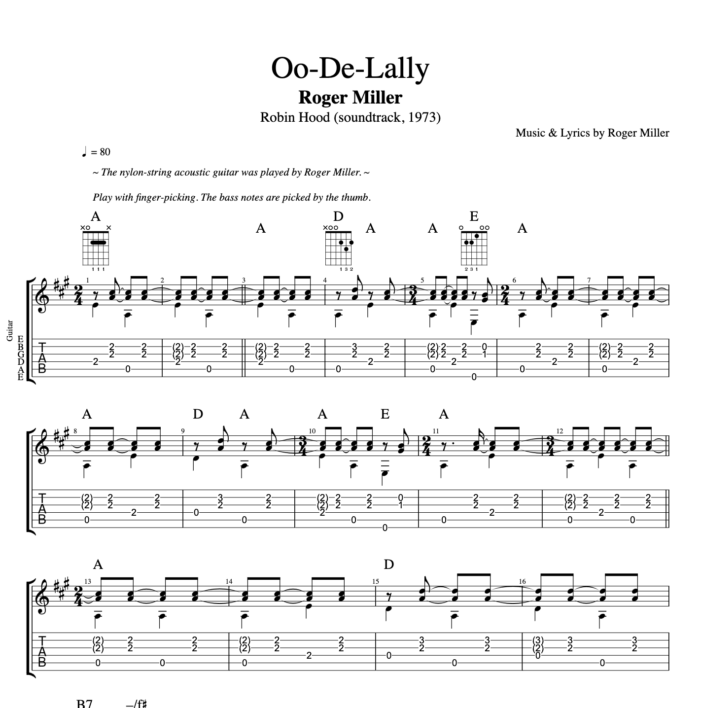 Robin Hood: "Oo-De-Lally" · Roger Miller || Guitar: Tab + Sheet music + Chords