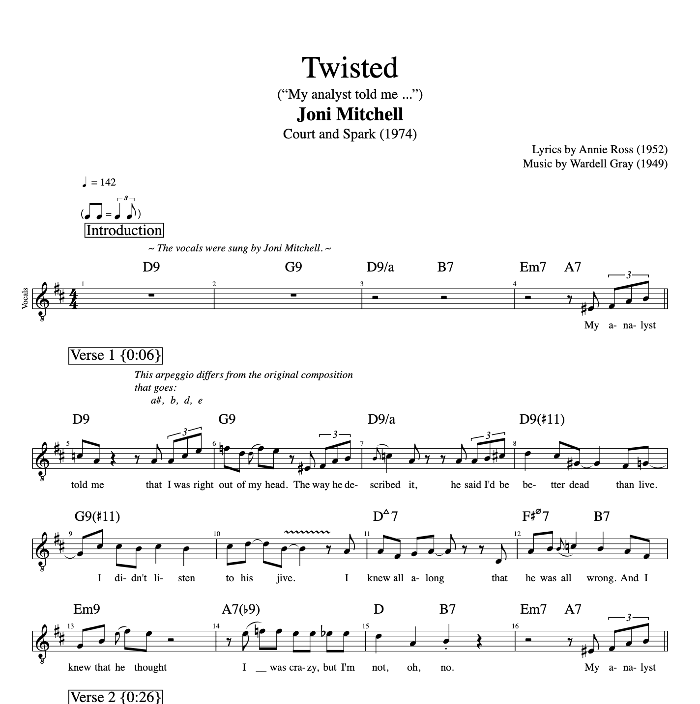 Twisted" · Joni Mitchell || Voice + Bass + Trumpet || Sheet music + Tab + Chords + Lyrics