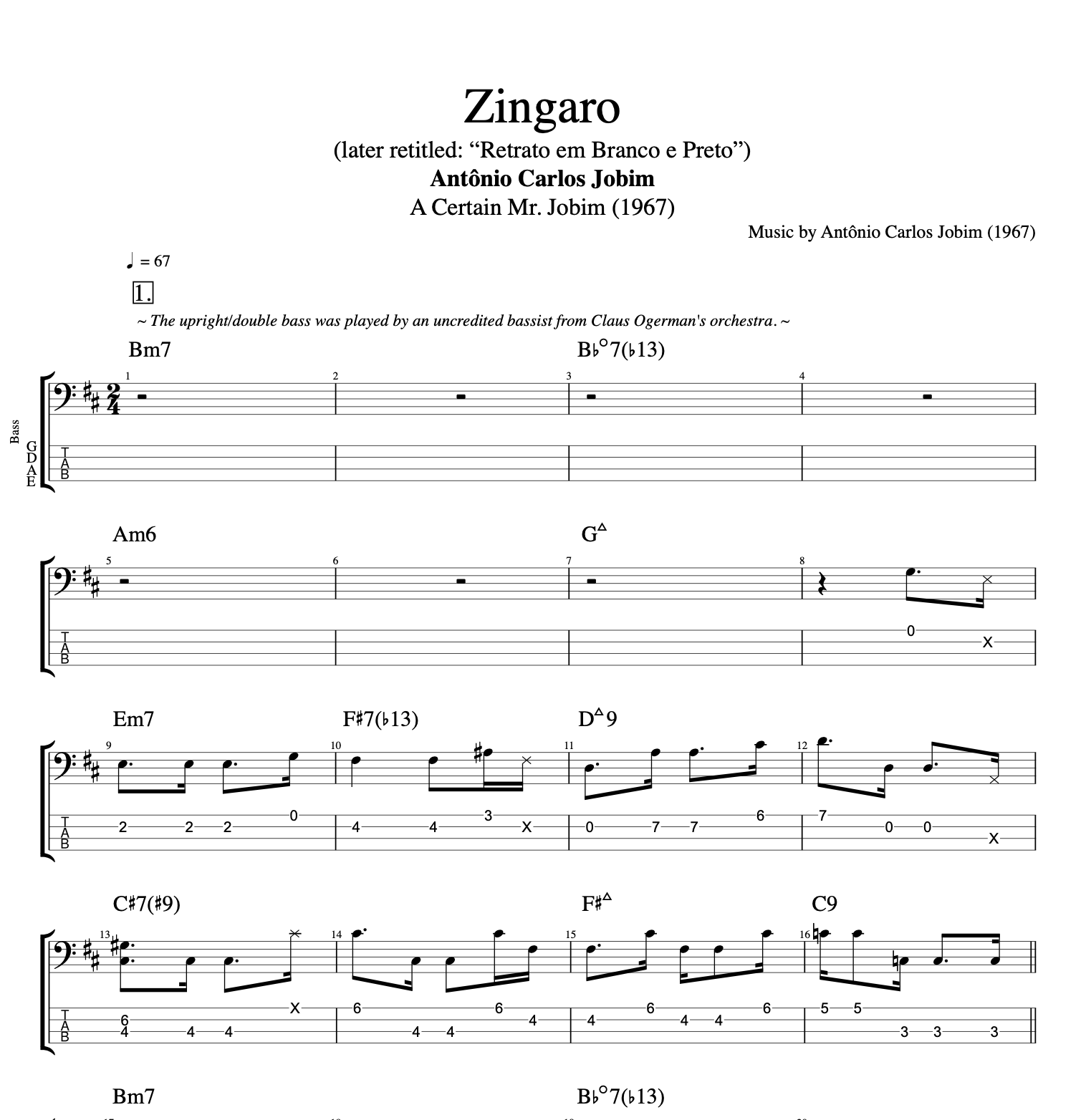 "Zingaro" · Jobim || Violin + Piano + Guitar + Bass + Flute + Cello || Sheet Music + Tabs + Chords