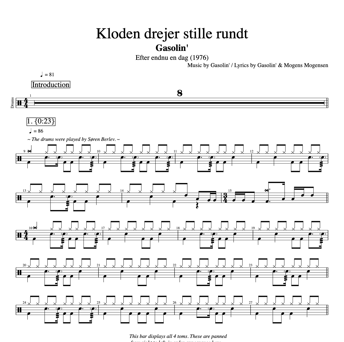 Gasolin' D Kloden drejer stille rundt Vocal Kim Larsen vokal sang voice lyrics words tekst guitar bass bas electric pdf midi xml mp3 transcription transskription download file drums trommer.png