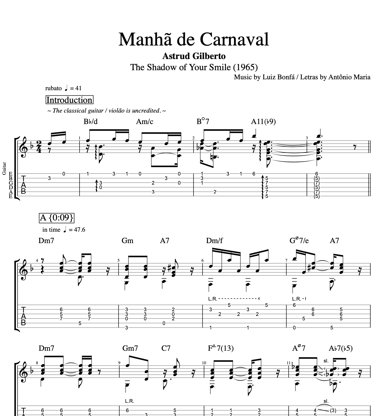 "Manhã de Carnaval" · Astrud Gilberto || Vocal + Guitar || Sheet music + Tabs + Chords + Lyrics