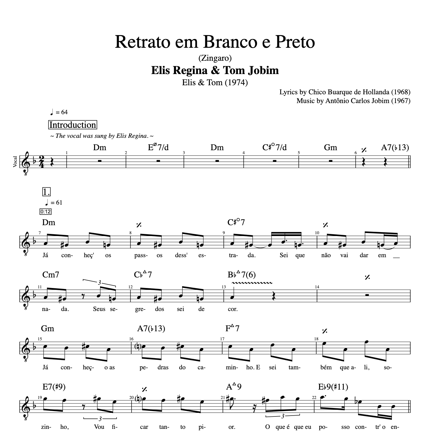 "Retrato em Branco e Preto" (Zingaro) · Elis Regina & Tom Jobim || Vocal + Piano + PnV score || Sheet music + Chords + Letra
