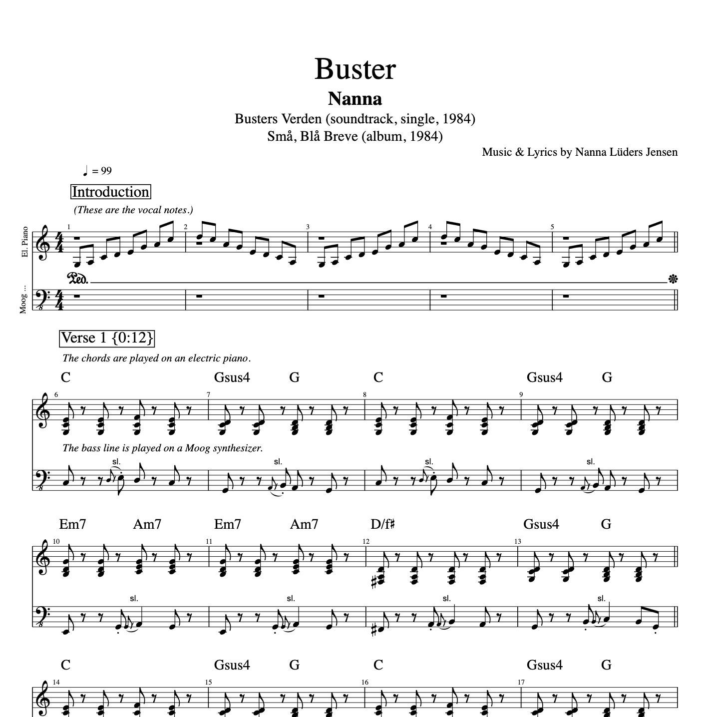 Buster" · Nanna || Piano + Bass + Guitar || Sheet music + Chords + Tab