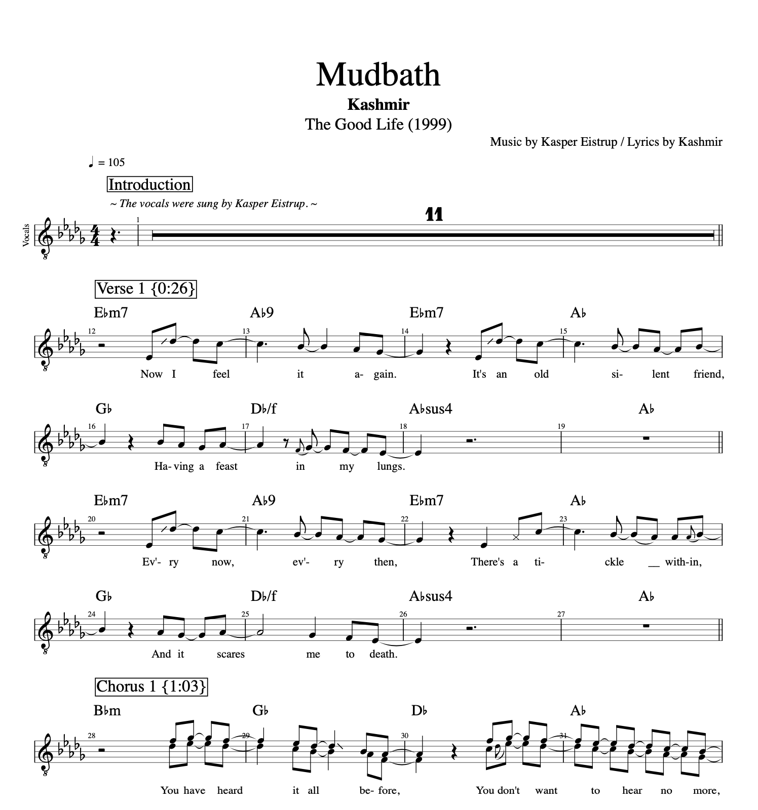 "Mudbath" · Kashmir || Voice + Piano + Guitar + Bass + Drums || Sheet Music + Chords + Tabs + Lyrics