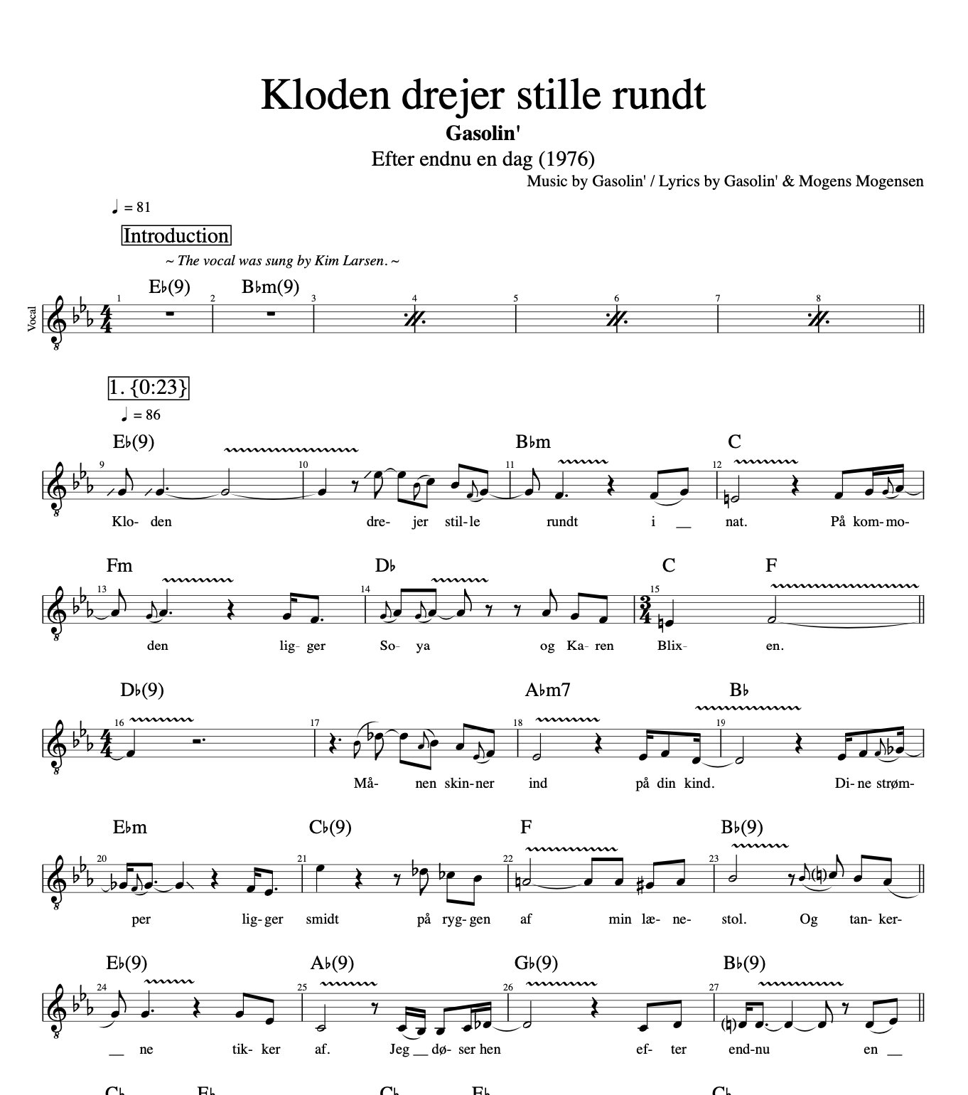 Kloden drejer still rundt" · Gasolin' || Voice + Guitar + Bass || Sheet Music + Tabs + Chords + Lyrics