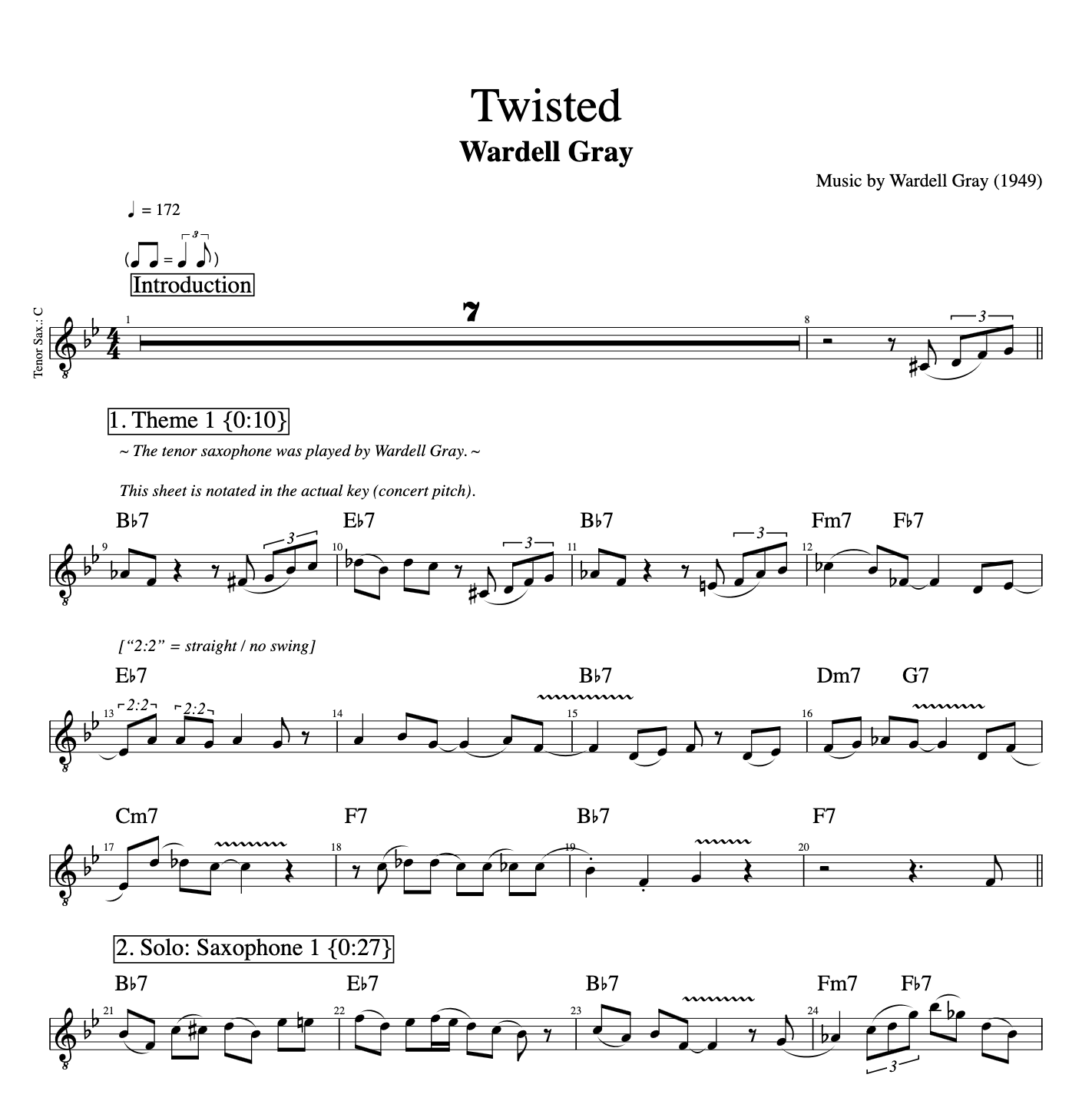 Twisted" · Wardell Gray || Saxophone + Bass || Sheet music + Tab + Chords