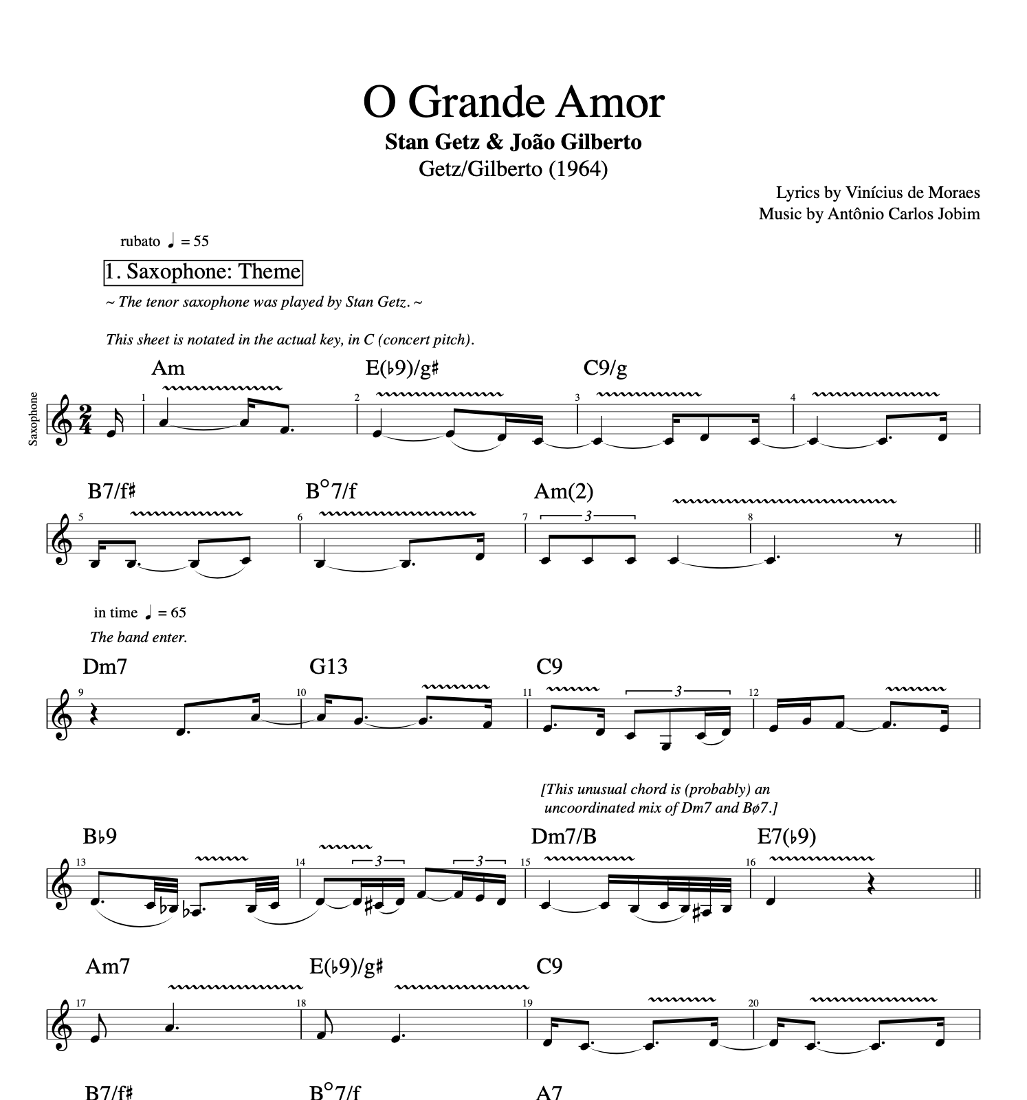 "O Grande Amor" · Stan Getz & João Gilberto || Saxophone + Guitar + Voice + Bass || Sheet Music + Tabs + Chords + Lyrics