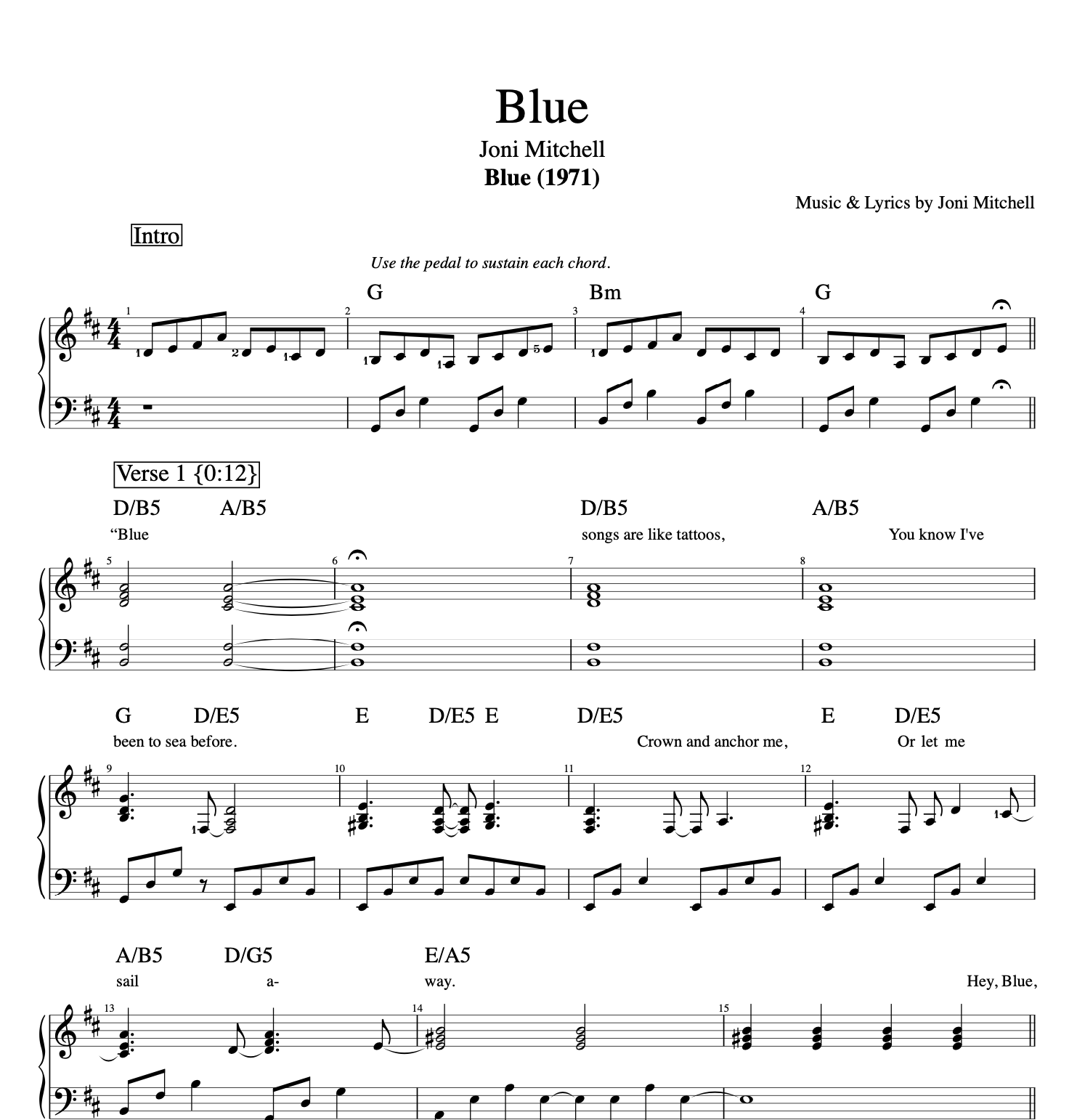 "Blue" · Joni Mitchell || Vocal + Piano || Sheet Music + Chords + Lyrics
