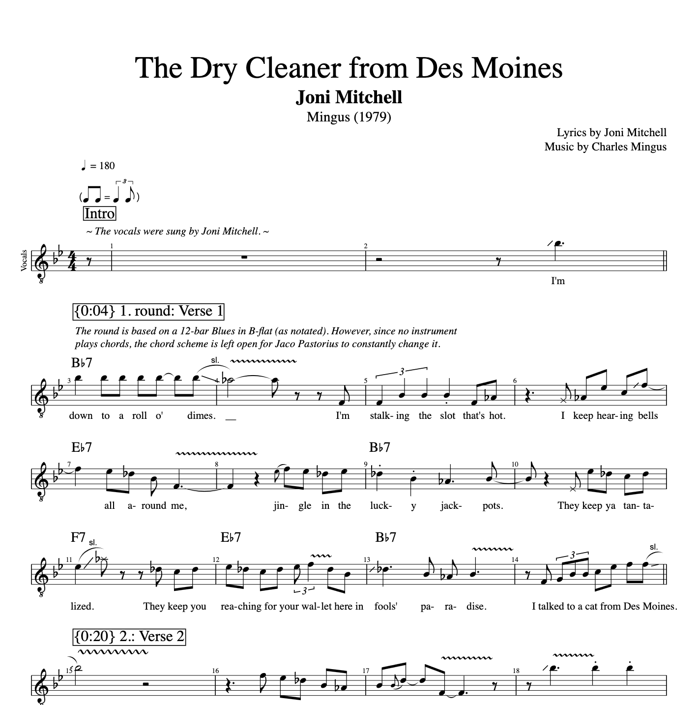 playlikethegreats V Joni Mitchell The Dry Cleaner from Des Moines Pastorius voice vocal vocals bass saxophone chord chords sheet music lyrics words download file mp3 midi xml pdf Mingus transcription.png