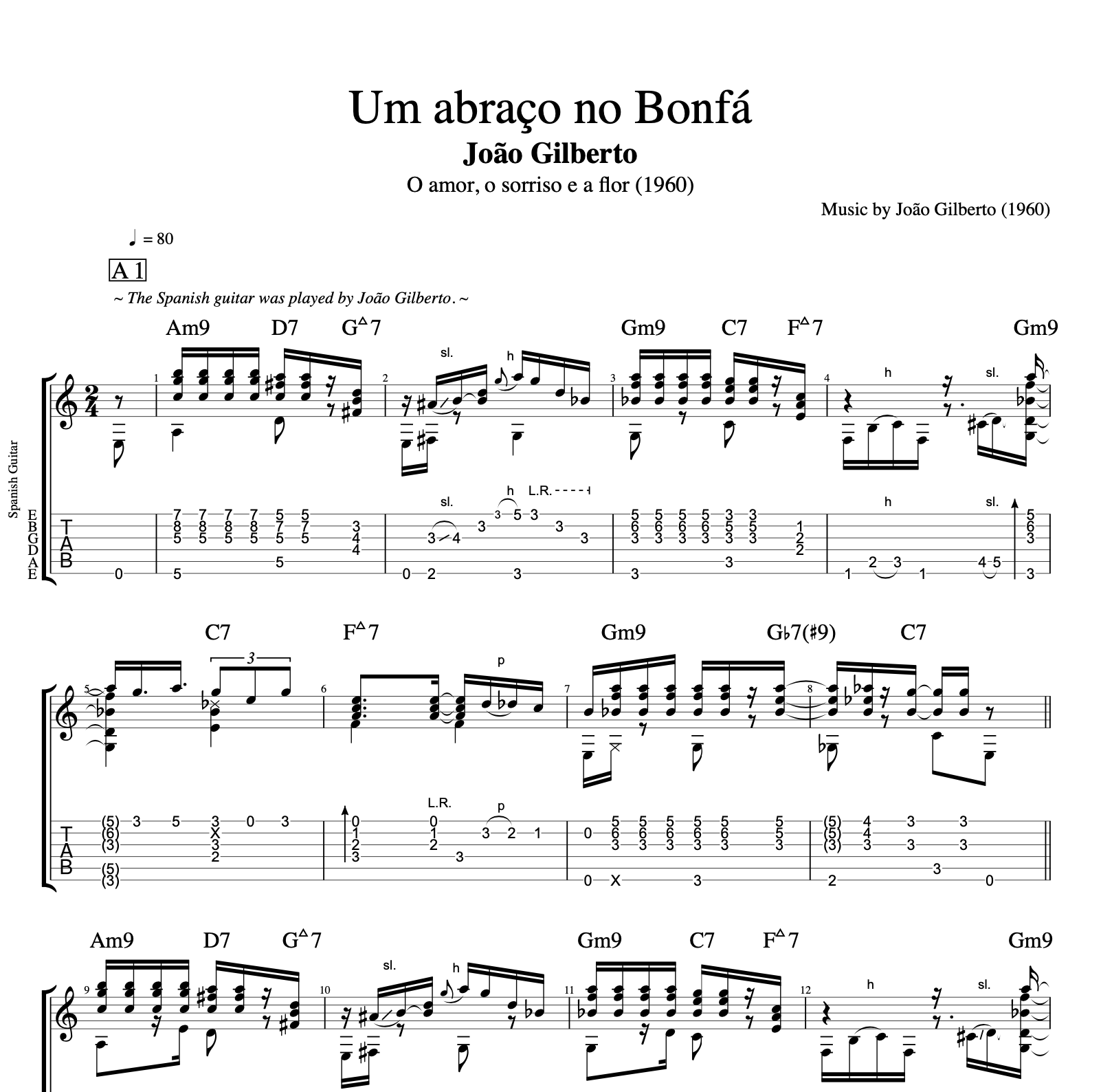"Um abraço no Bonfá" · João Gilberto || Guitar: Tab + Sheet Music + Chords