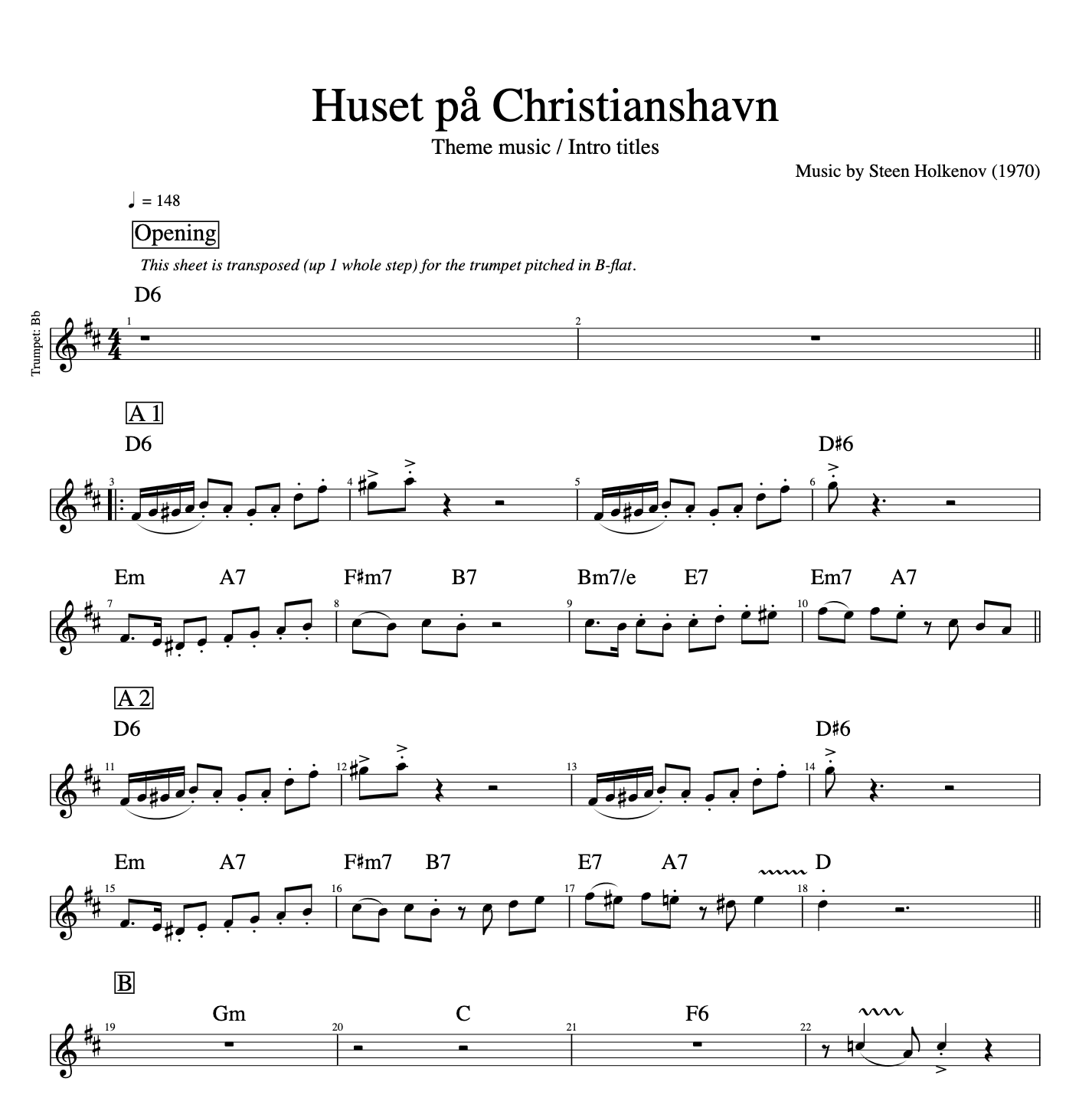 Huset på Christianshavn" · Theme music/Intro titles || Trumpet + Guitar + Saxophone + Bass || Sheet music + Tabs + Chords