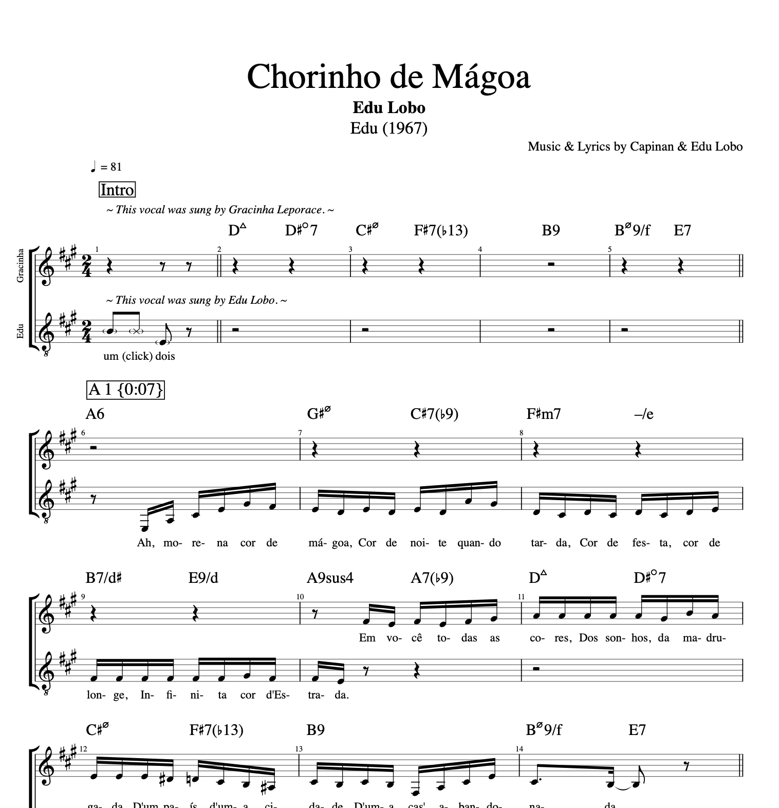 "Chorinho de Mágoa" · Edu Lobo || Vocals + Guitar + Bass + Flute + Clarinet || Sheet music + Tabs + Chords + Lyrics