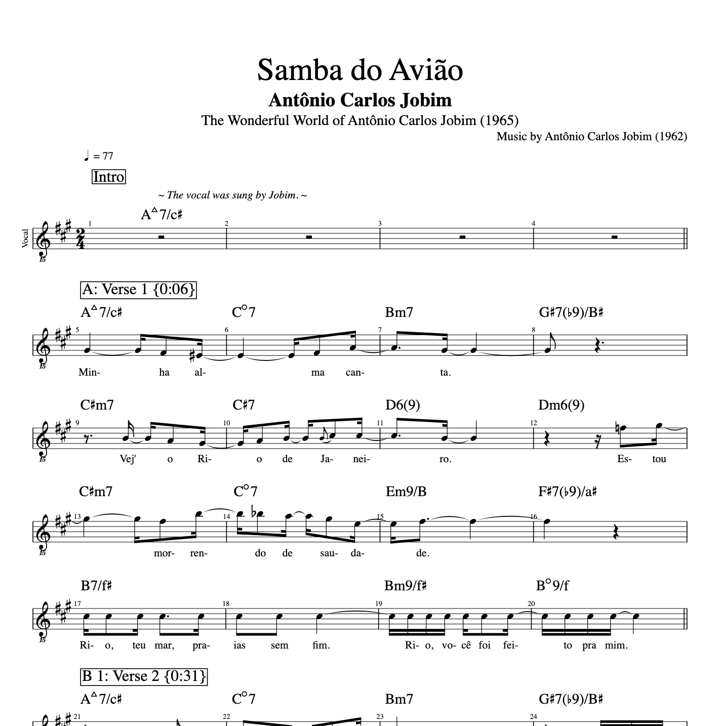 Samba do Avião" (1965) · Jobim || Vocal + Guitar + Bass + Strings + Flute || Sheet music + Tabs + Chords + Lyrics
