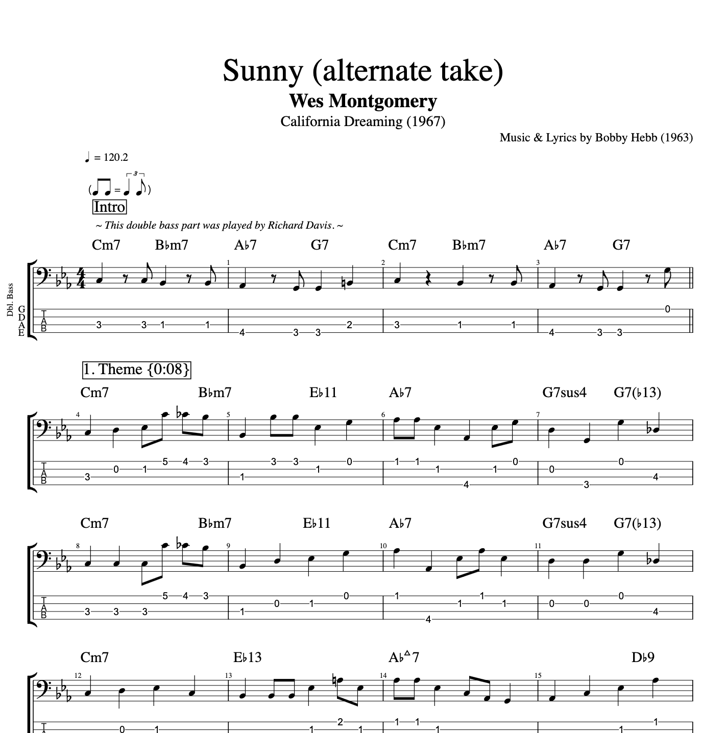 Sunny alternate take B Wes Montgomery double bass electric jazz guitar score tab tabs chord chords sheet music transcription buy purchase down load file pdf mp3 midi xml.png