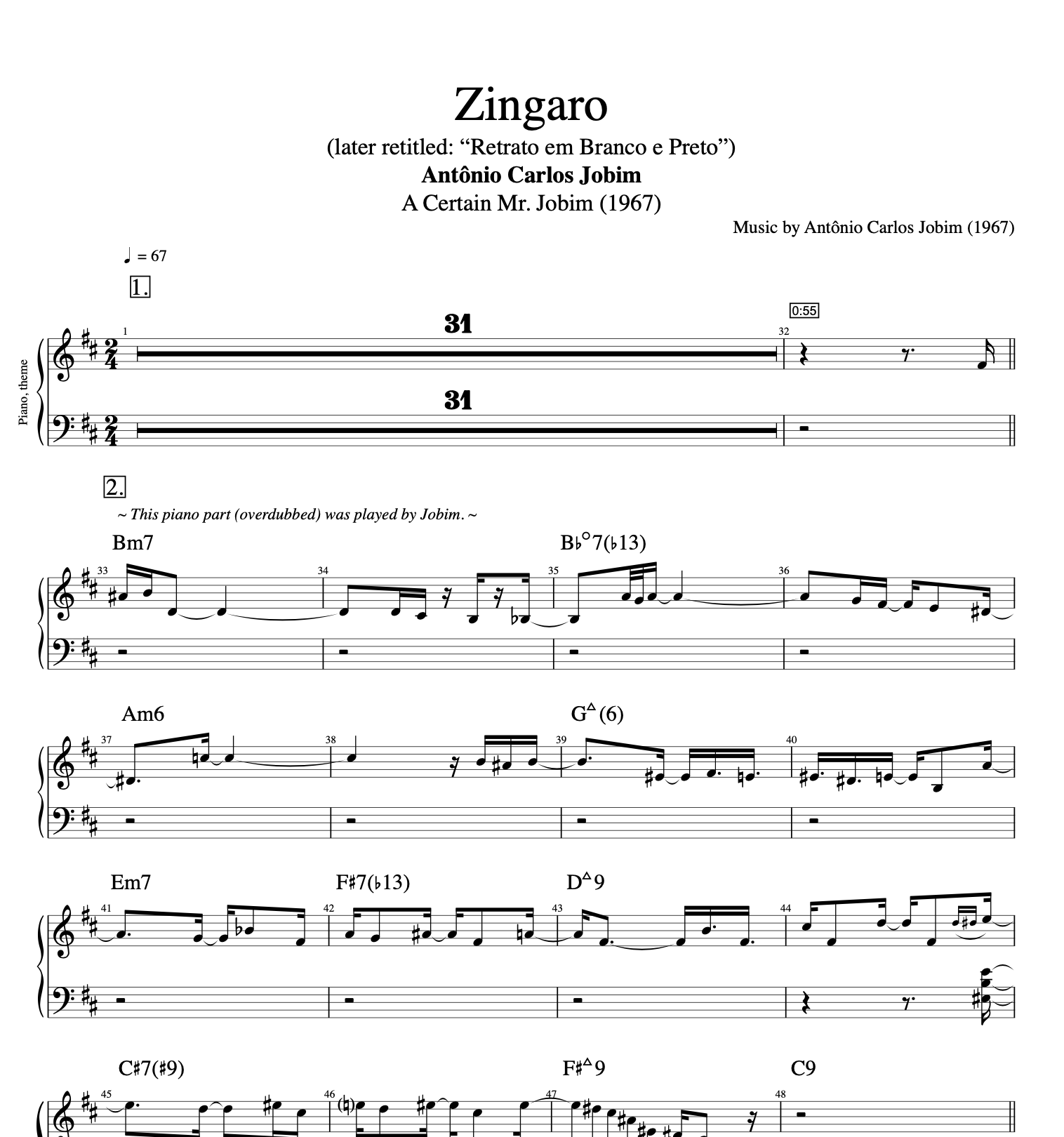 "Zingaro" · Jobim || Violin + Piano + Guitar + Bass + Flute + Cello || Sheet Music + Tabs + Chords