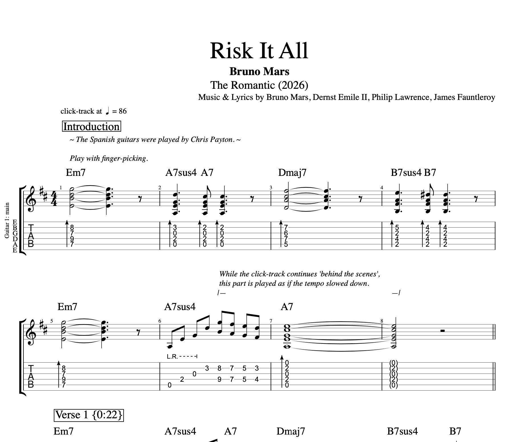 Risk It All" · Bruno Mars || Guitar: Tabs + Sheet music + Chords