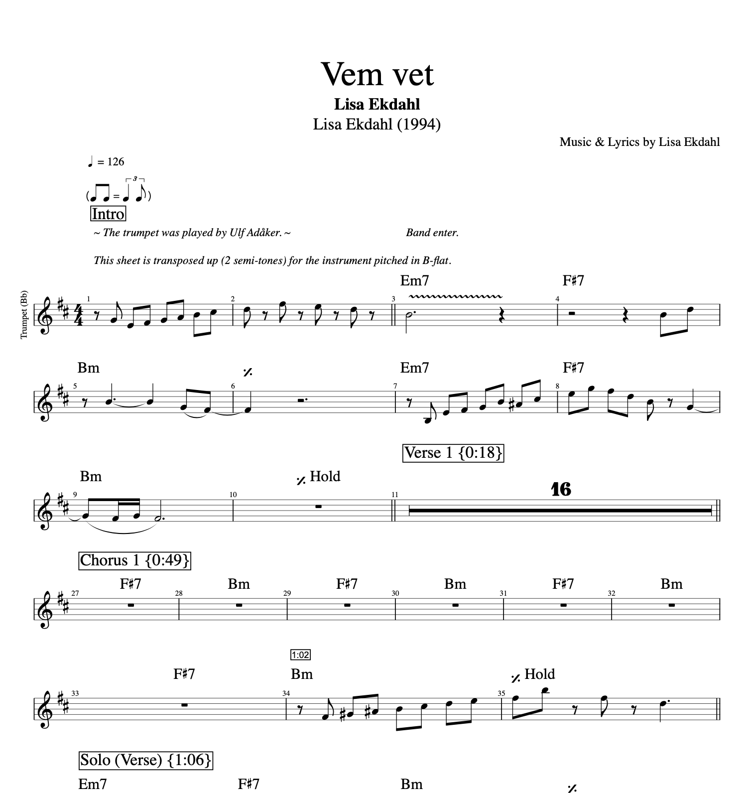 Lisa Ekdahl Tbb Vem vet Vocal bass trumpet vokal sång sang bas pdf midi xml mp3 bas lyrics text sheet music tab tabs chord ackorder akkorder.png