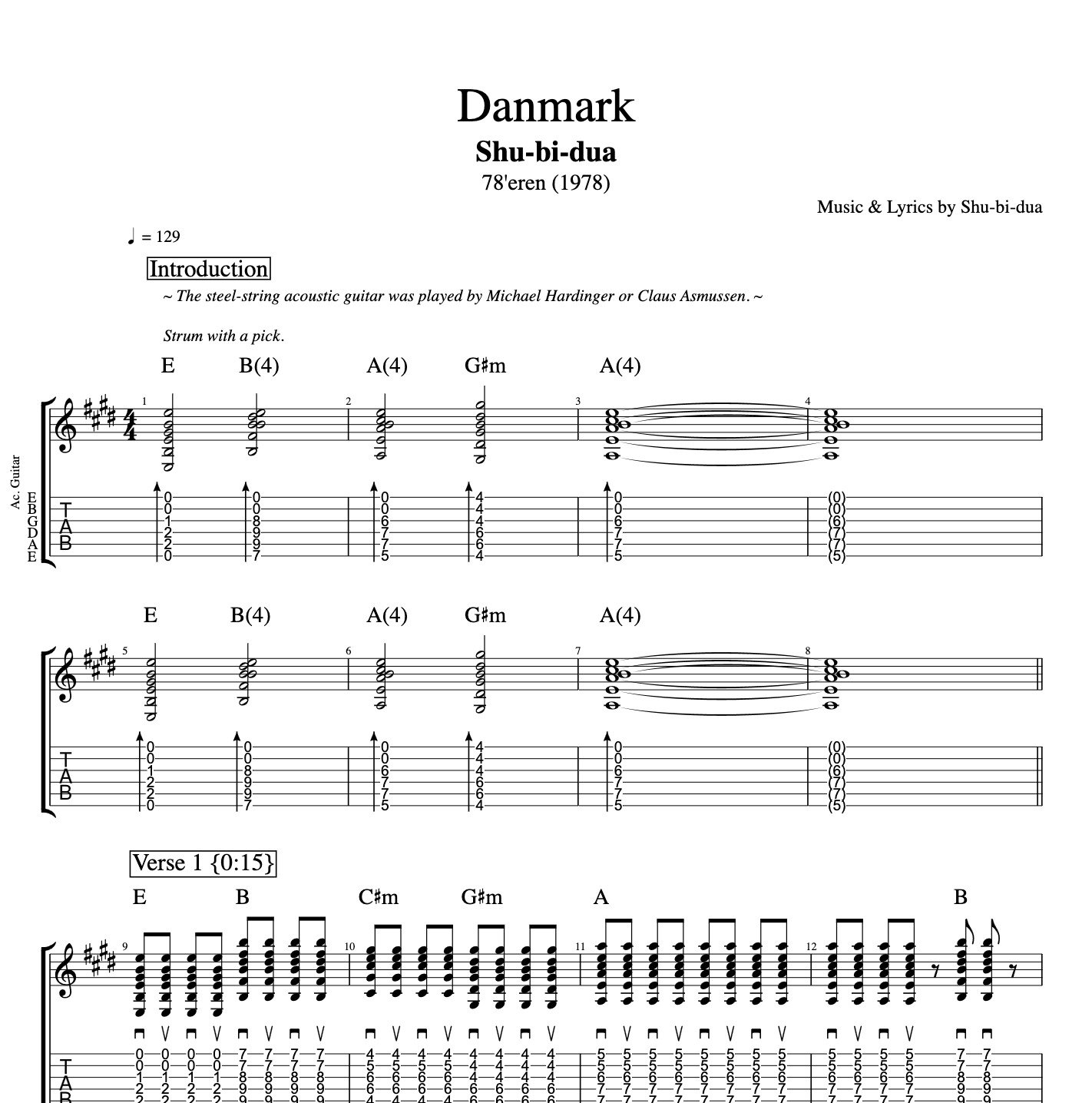 "Danmark" · Shu-bi-dua || Vocals + Guitars + Bass + Harmonica || Sheet music + Tabs + Lyrics + Chords
