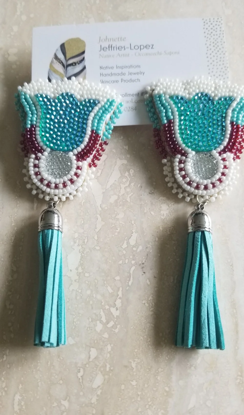 Teal Tulips And Leather Earrings By Johnette Jeffries Lopez American Indian Made In North Carolina Teal Tulips And Leather Earrings By Johnette Jeffries Lopez American Indian Made In North Carolina