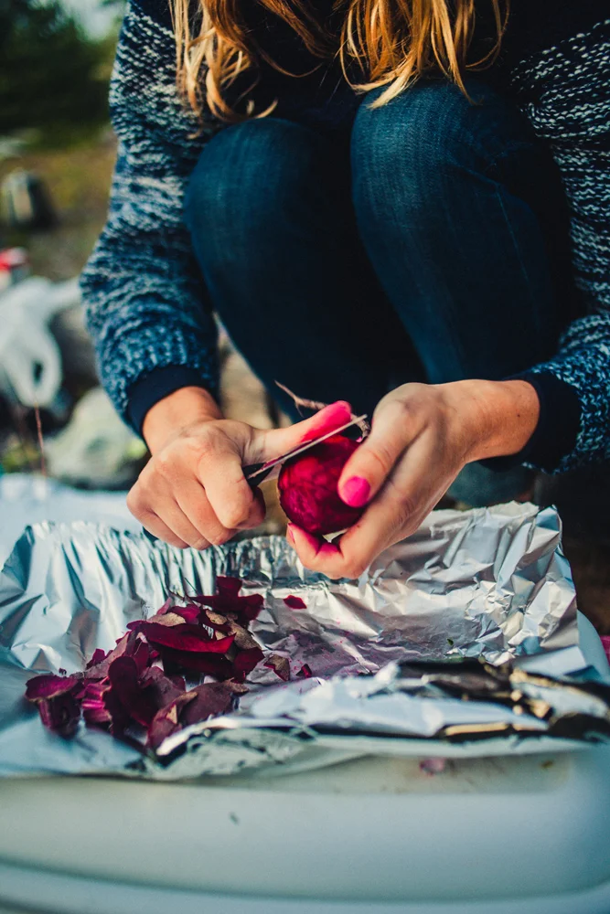 Peeling beet root, getting them ready for the grill