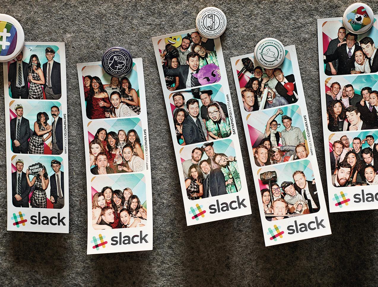Photo strips taken of guests at Slack’s one-year-anniversary party, held in February in San Francisco.