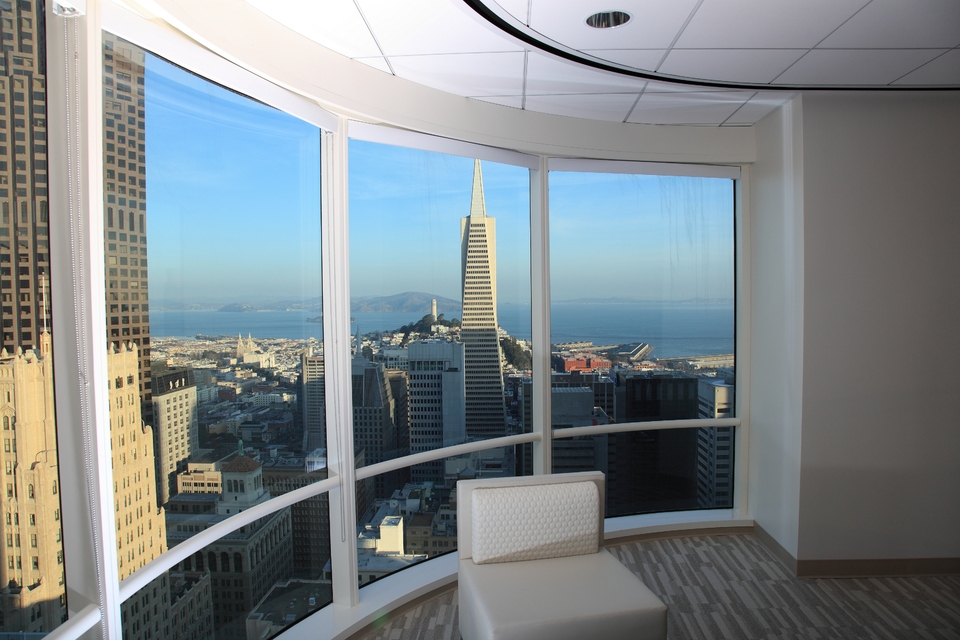 The view of the Transamerica Pyramid and the San Francisco Bay from inside an office at One Sansome Street.