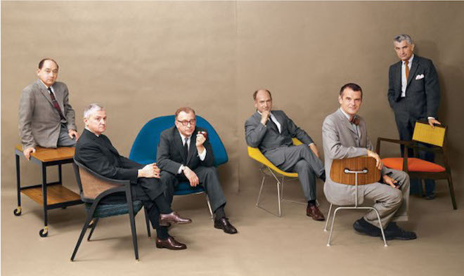A July, 1961 photo in Playboy featuring, from left to right, George Nelson, Edward Wormley, Eero Saarinen, Harry Bertoia, Charles Eames and Jens Risom